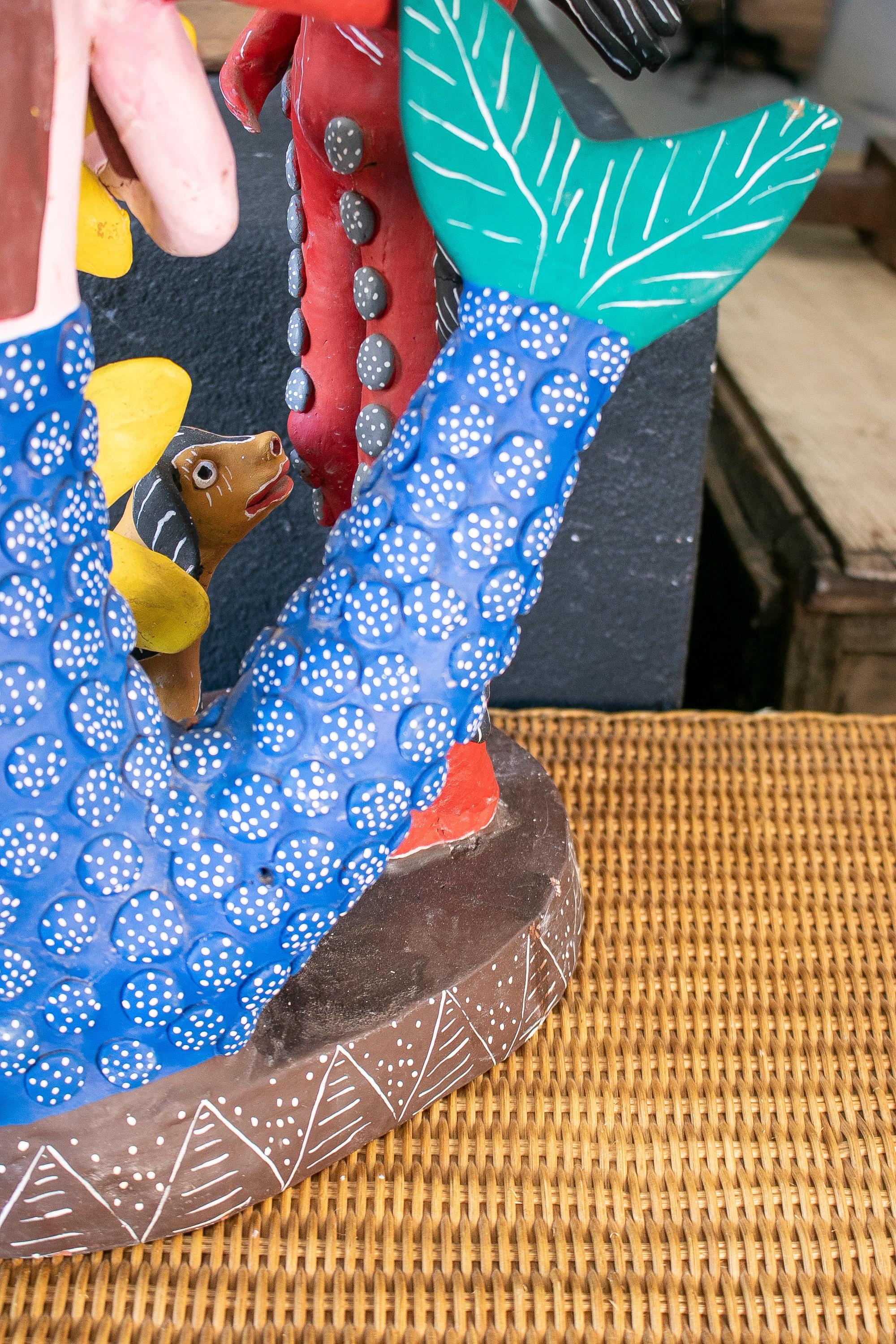 Colourful Mexican Handmade Terracotta Sculpture w/ Demon & Mermaid Figures For Sale 7