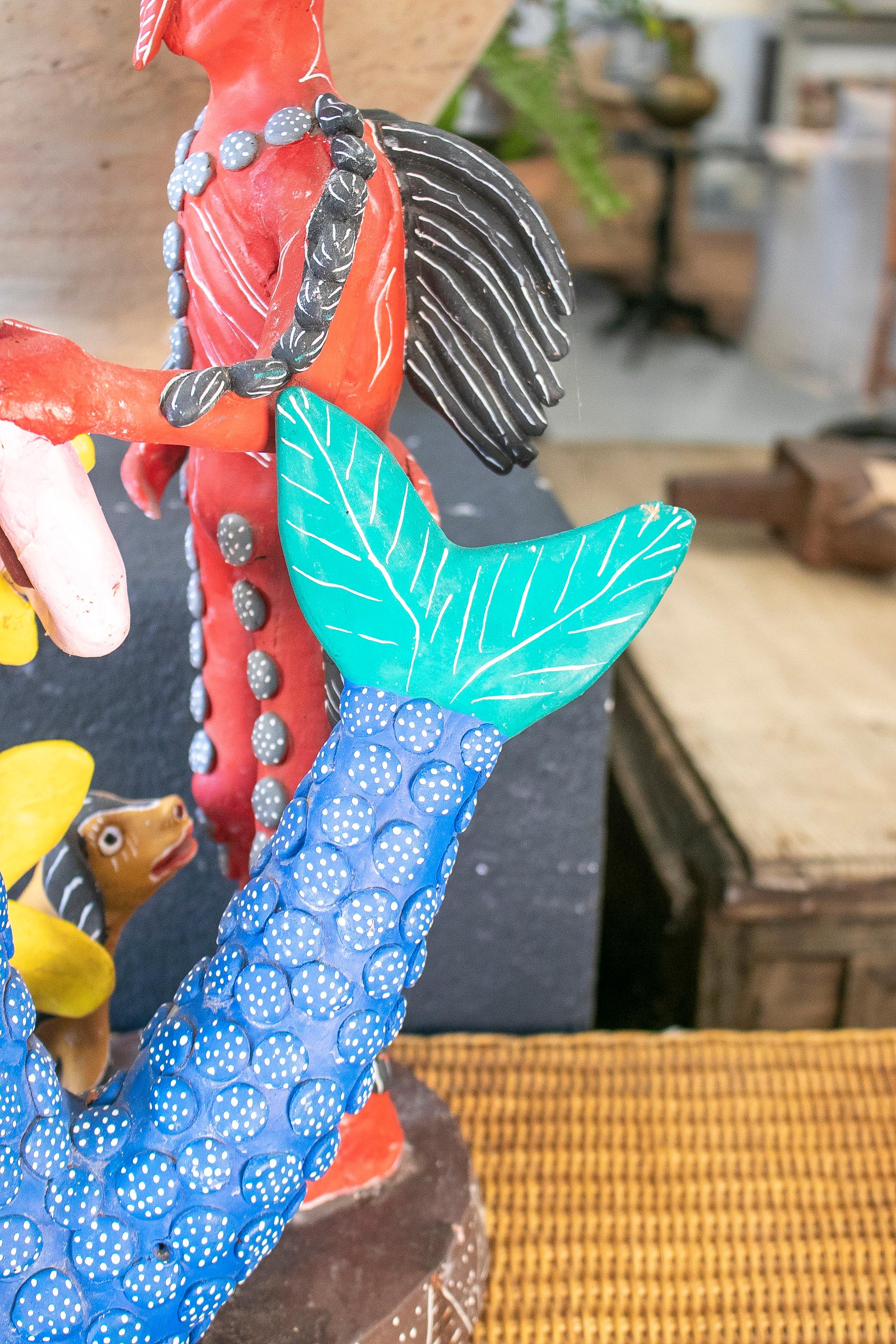 Colourful Mexican Handmade Terracotta Sculpture w/ Demon & Mermaid Figures For Sale 8