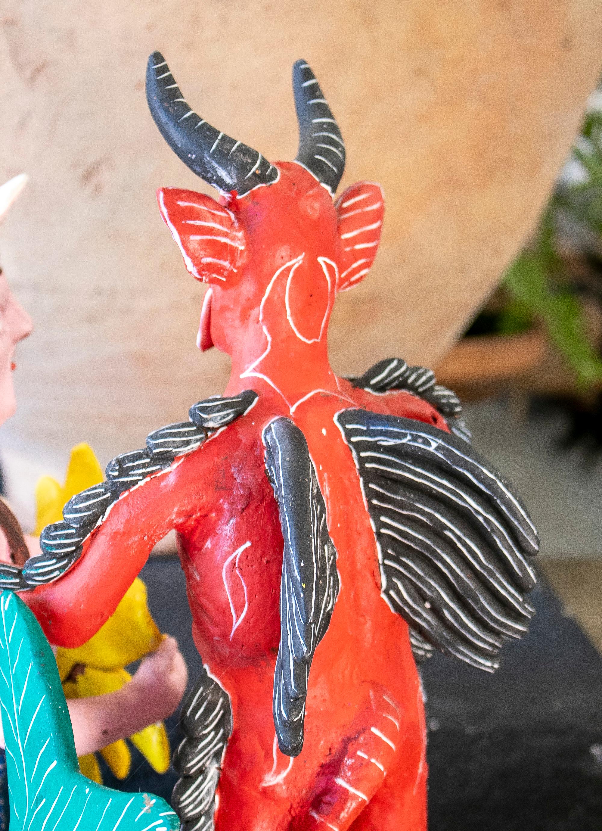Colourful Mexican Handmade Terracotta Sculpture w/ Demon & Mermaid Figures For Sale 9