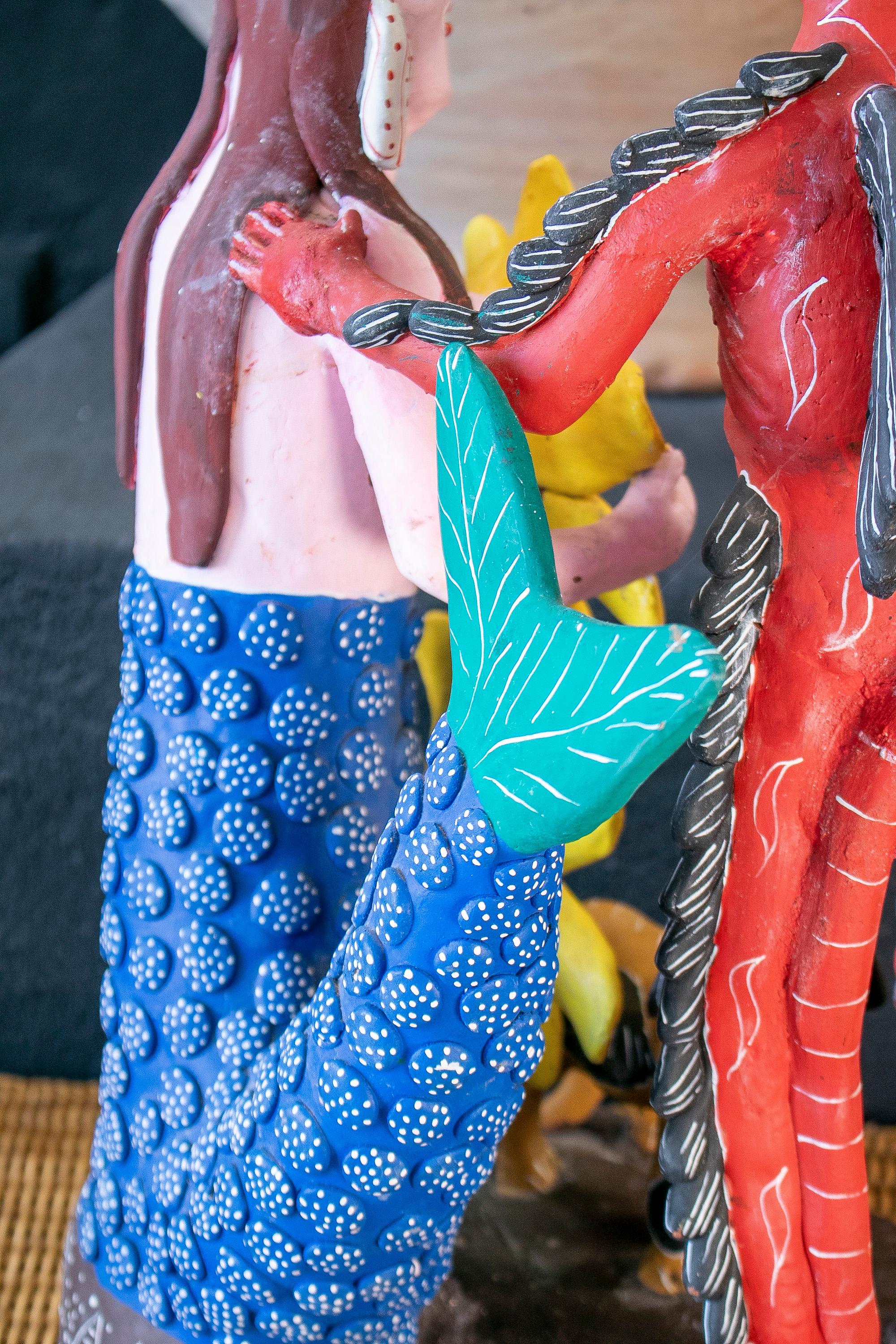 Colourful Mexican Handmade Terracotta Sculpture w/ Demon & Mermaid Figures For Sale 10