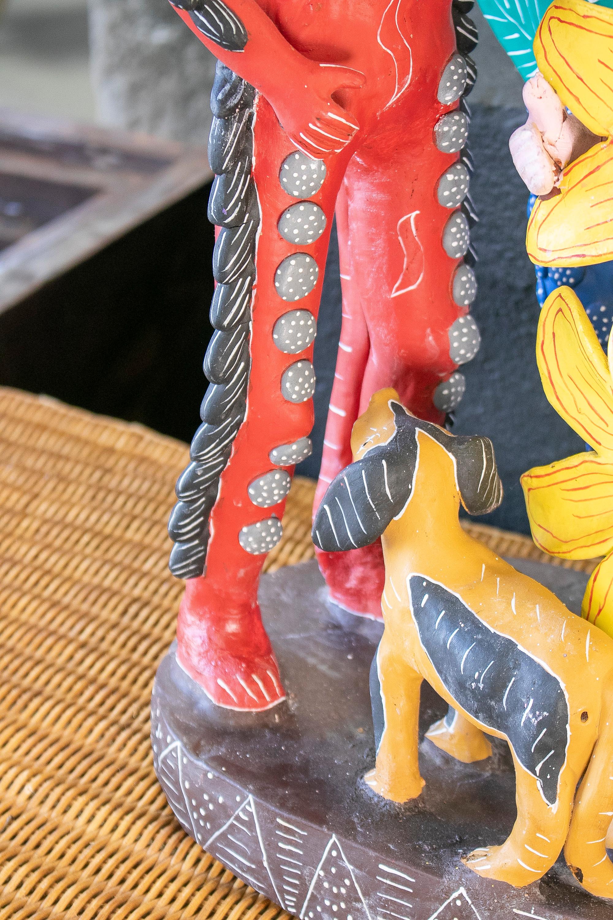 Ceramic Colourful Mexican Handmade Terracotta Sculpture w/ Demon & Mermaid Figures For Sale