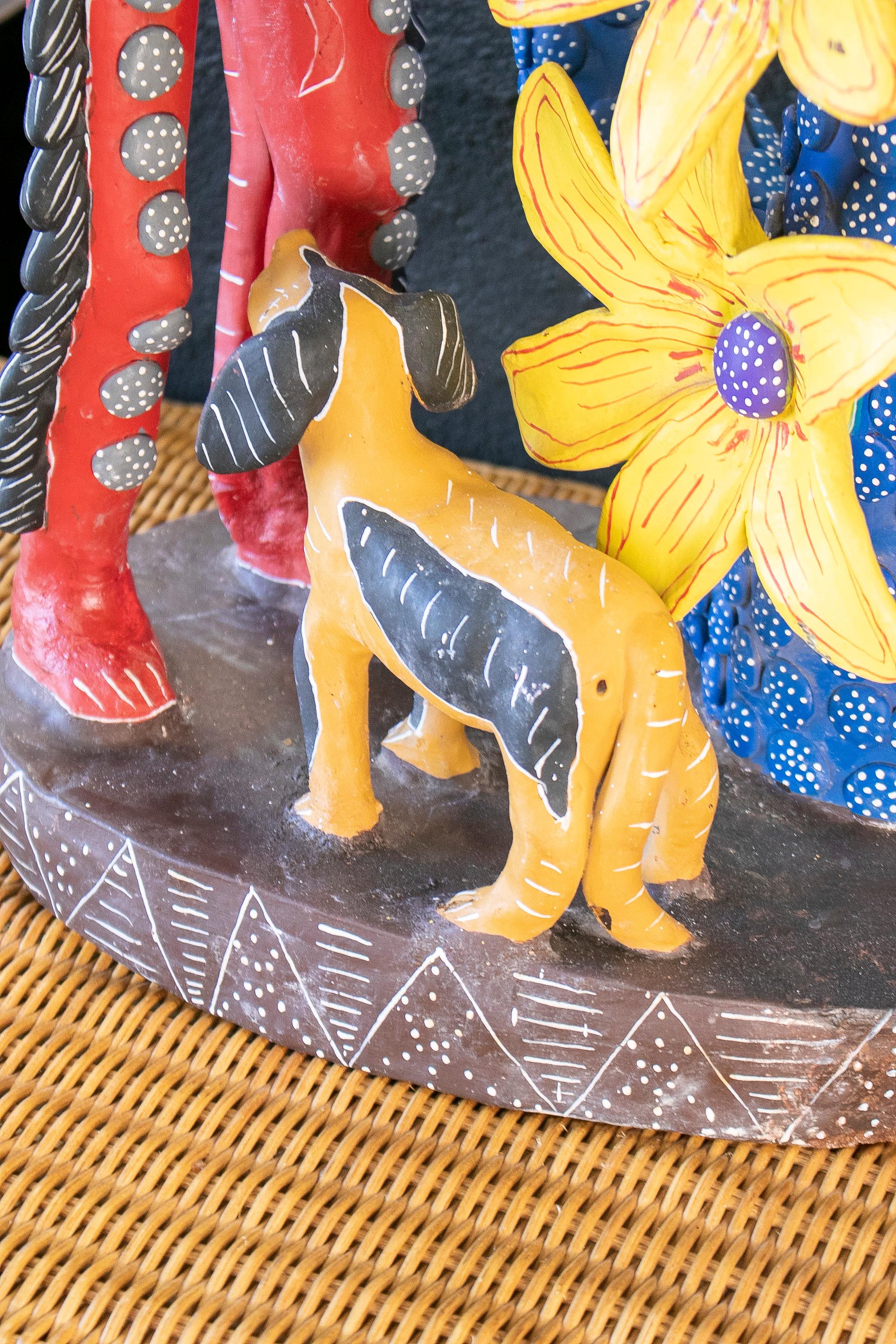 Colourful Mexican Handmade Terracotta Sculpture w/ Demon & Mermaid Figures For Sale 1