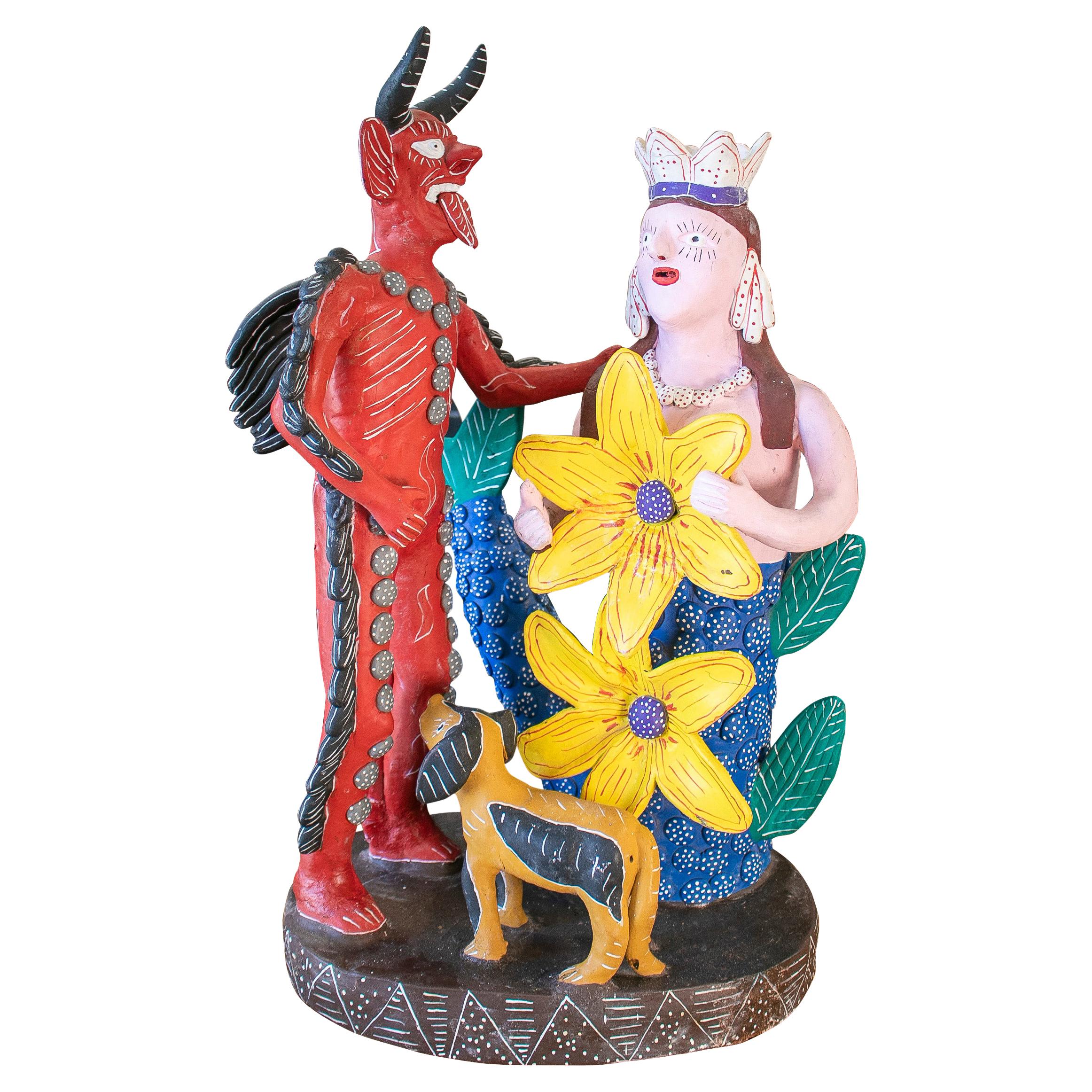 Colourful Mexican Handmade Terracotta Sculpture w/ Demon & Mermaid Figures For Sale