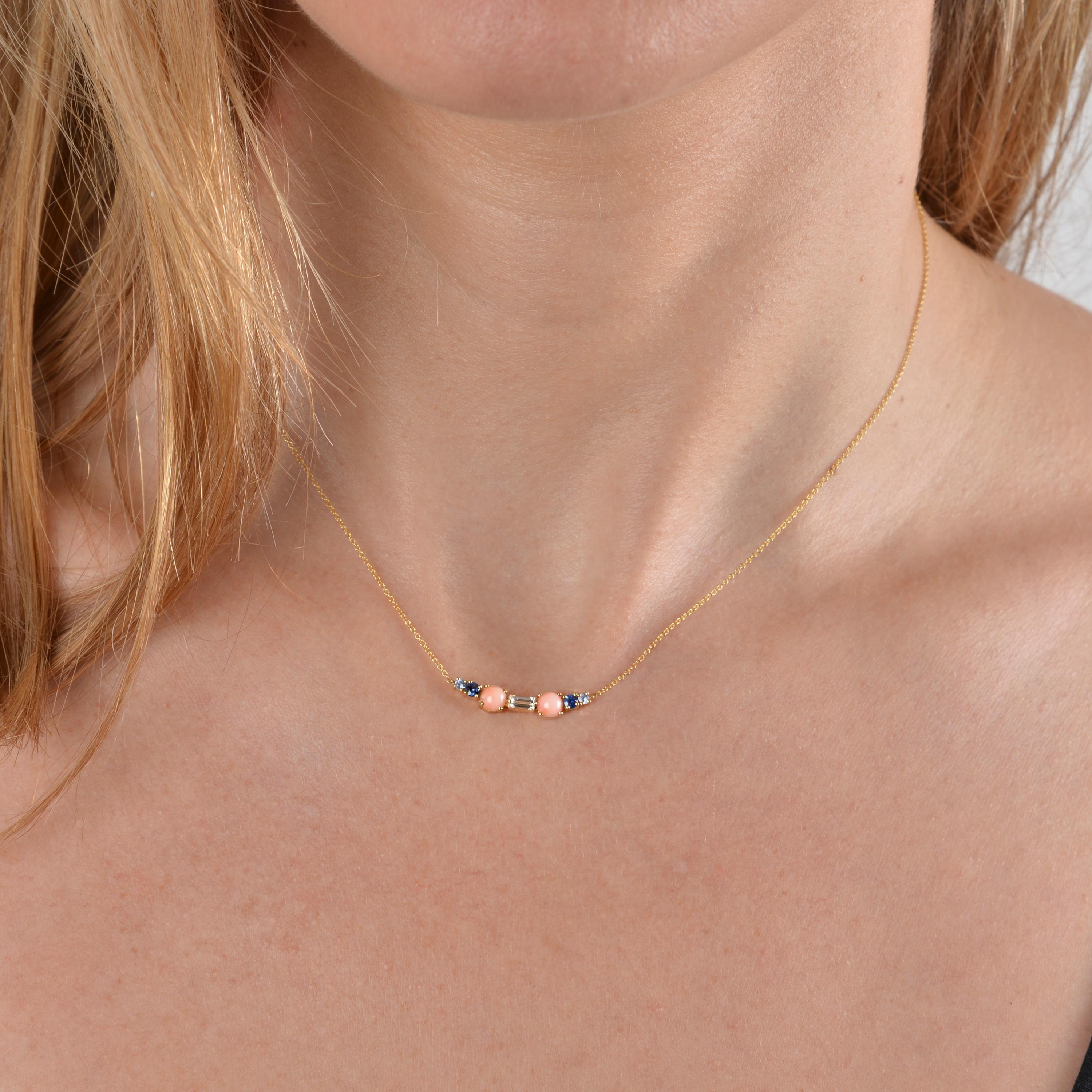 Contemporary Colorful Multi-Stone 18 Karat Gold Necklace with a Diamond, Sapphires and Corals