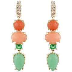 Colorful Multi-Stone Coral, Emerald and Diamond 18 Karat Gold Earrings