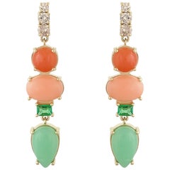 Colorful Multi-Stone Coral, Emerald and Diamond 18 Karat Gold Earrings