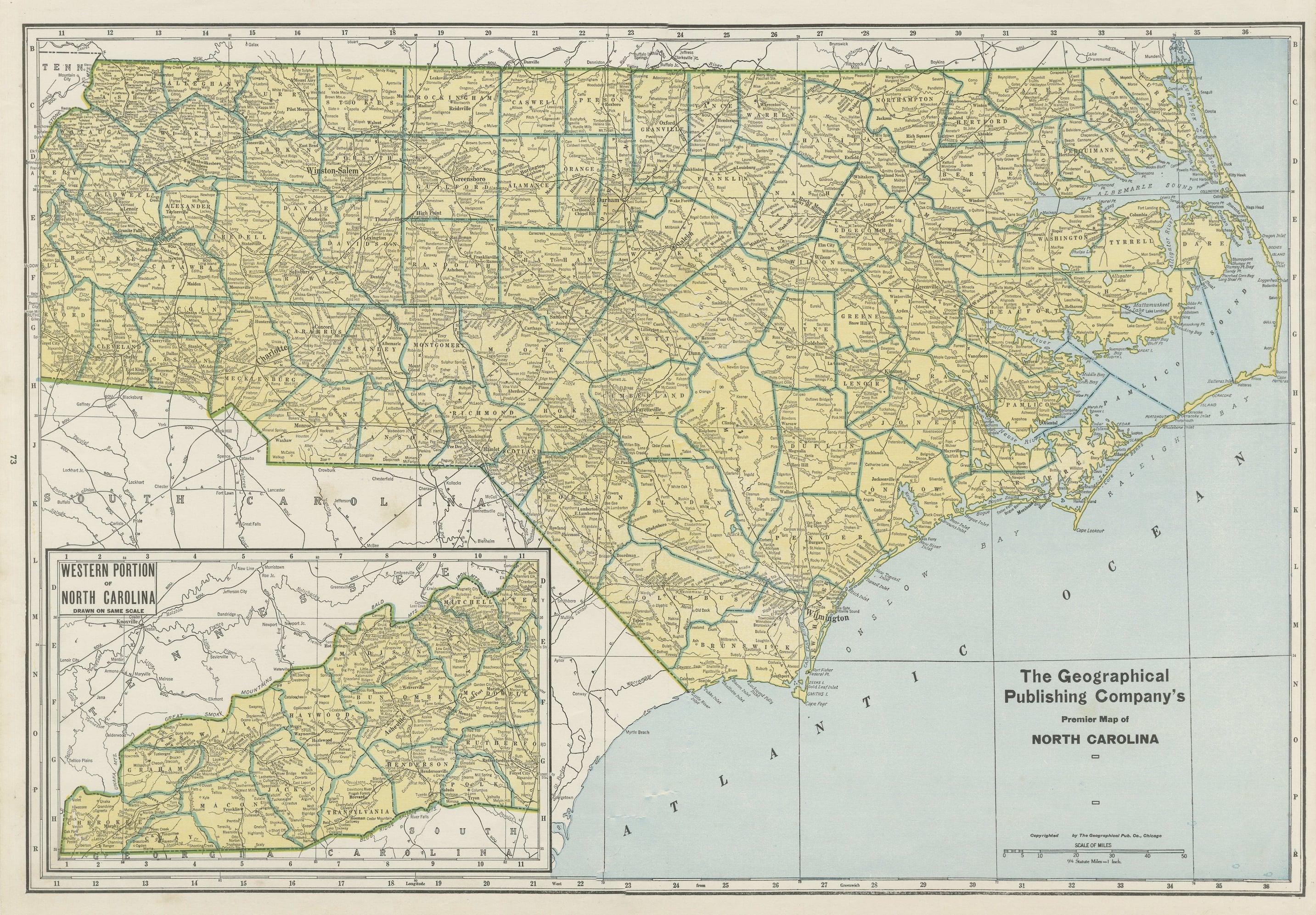 Vintage map titled 'The Geographical Publishing Company's Premier Map of North Carolina'. Beautiful map of North Carolina. This map originates from Commercial Atlas of the World'. Published 1931.