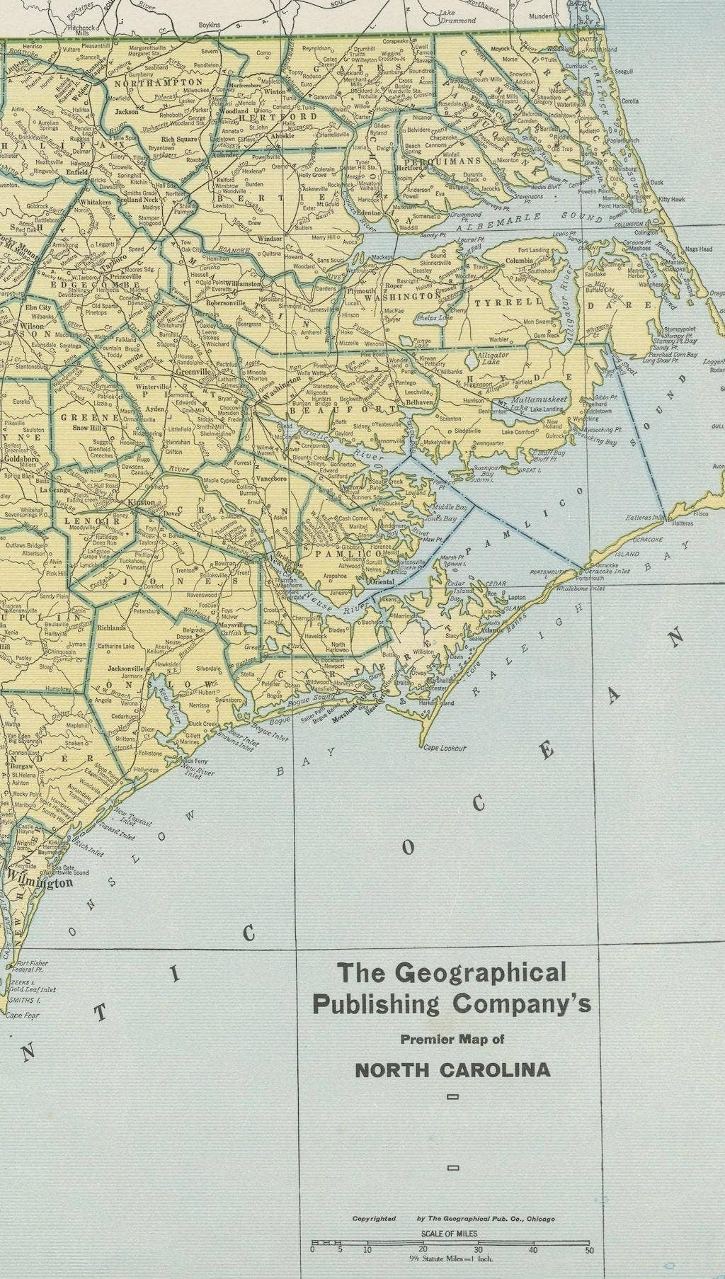 Colourful Old Detailed Map of Northern Carolina, United States of America