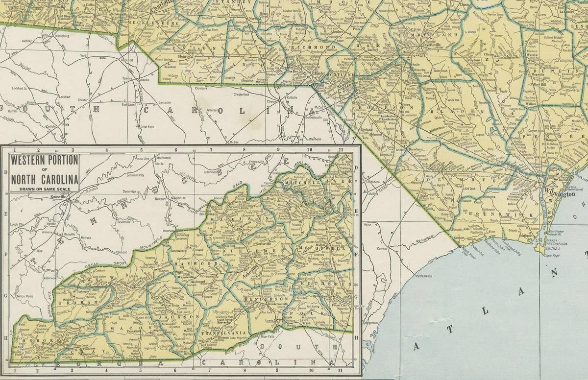 Colourful Old Detailed Map of Northern Carolina, United States of America