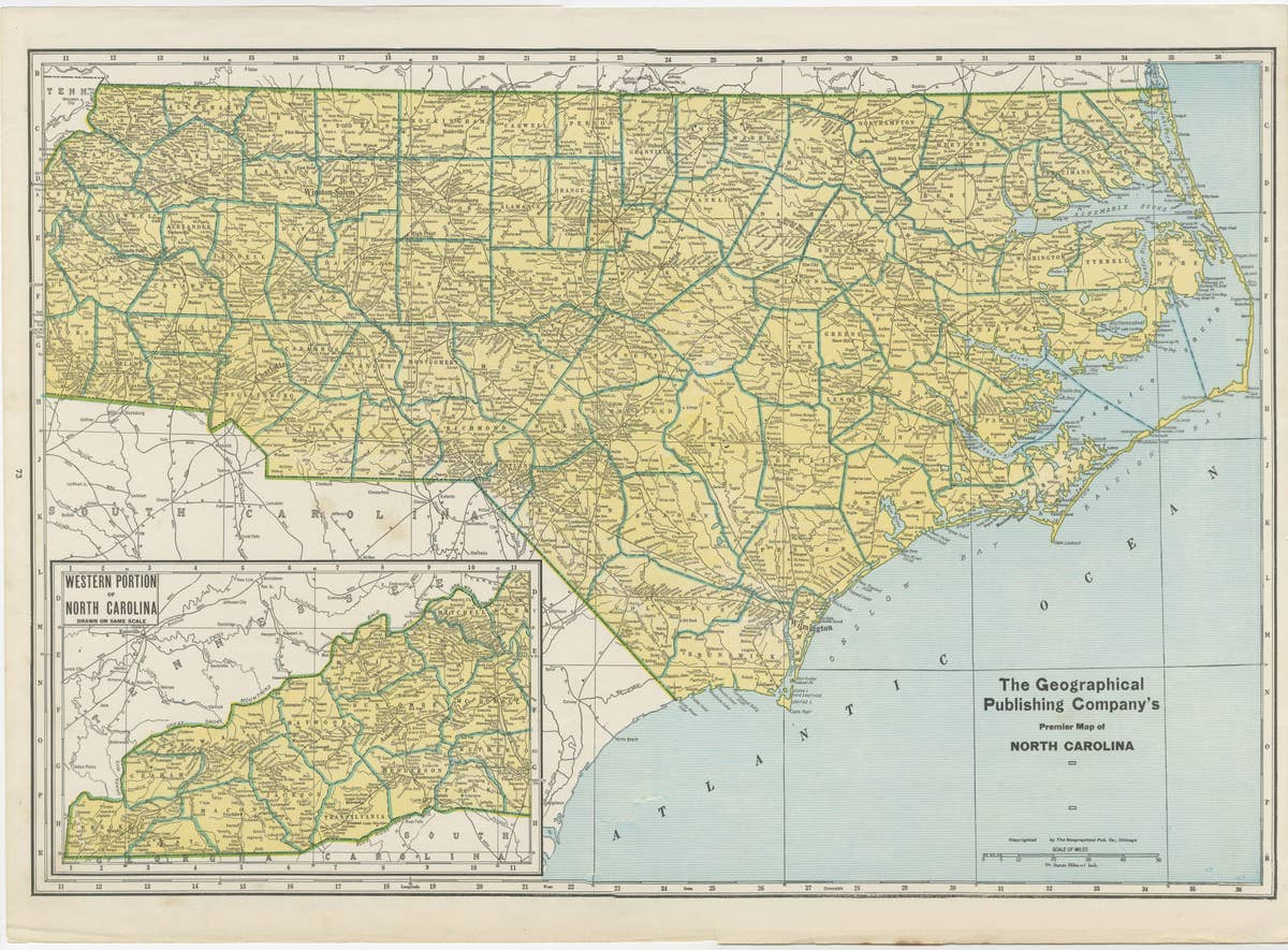 Colourful Old Detailed Map of Northern Carolina, United States of America