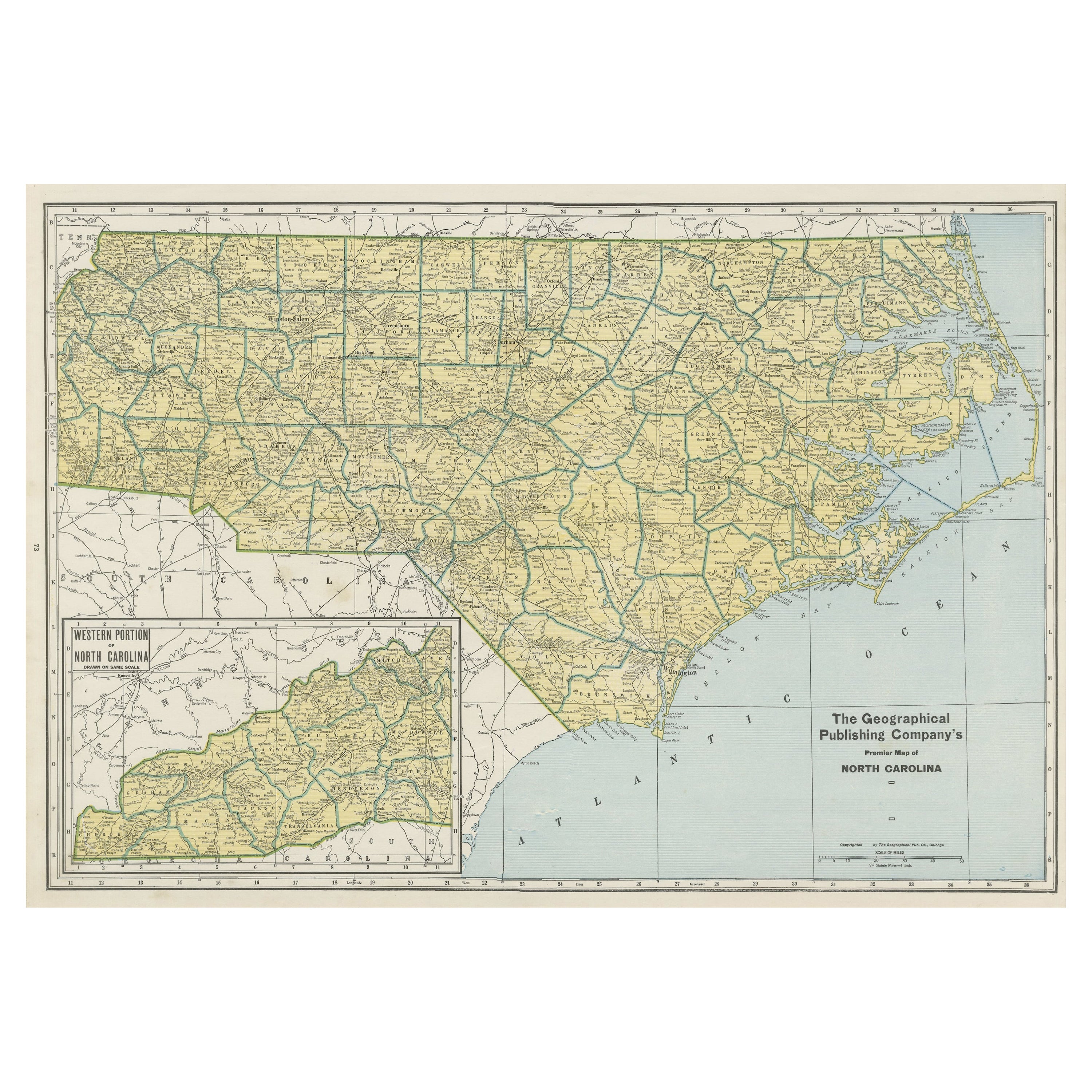 Carte colorée ancienne et détaillée de la Caroline du Nord, États-Unis d'Amérique