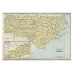 Carte colorée ancienne et détaillée de la Caroline du Nord, États-Unis d'Amérique