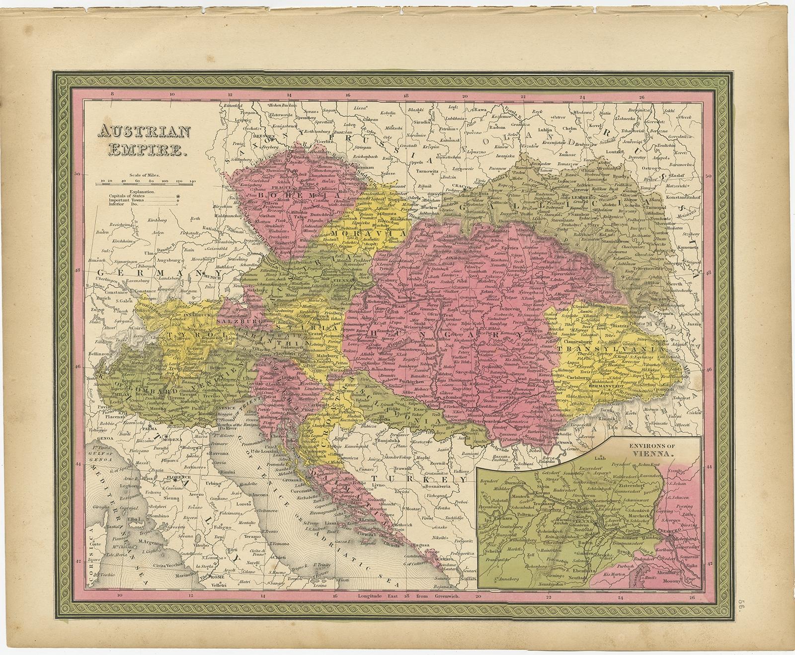 Antique map titled 'Austrian Empire'. 

Old map of the Austrian Empire, with an inset map of Vienna. This map originates from 'A New Universal Atlas Containing Maps of the various Empires, Kingdoms, States and Republics Of The World (..) by S.A.