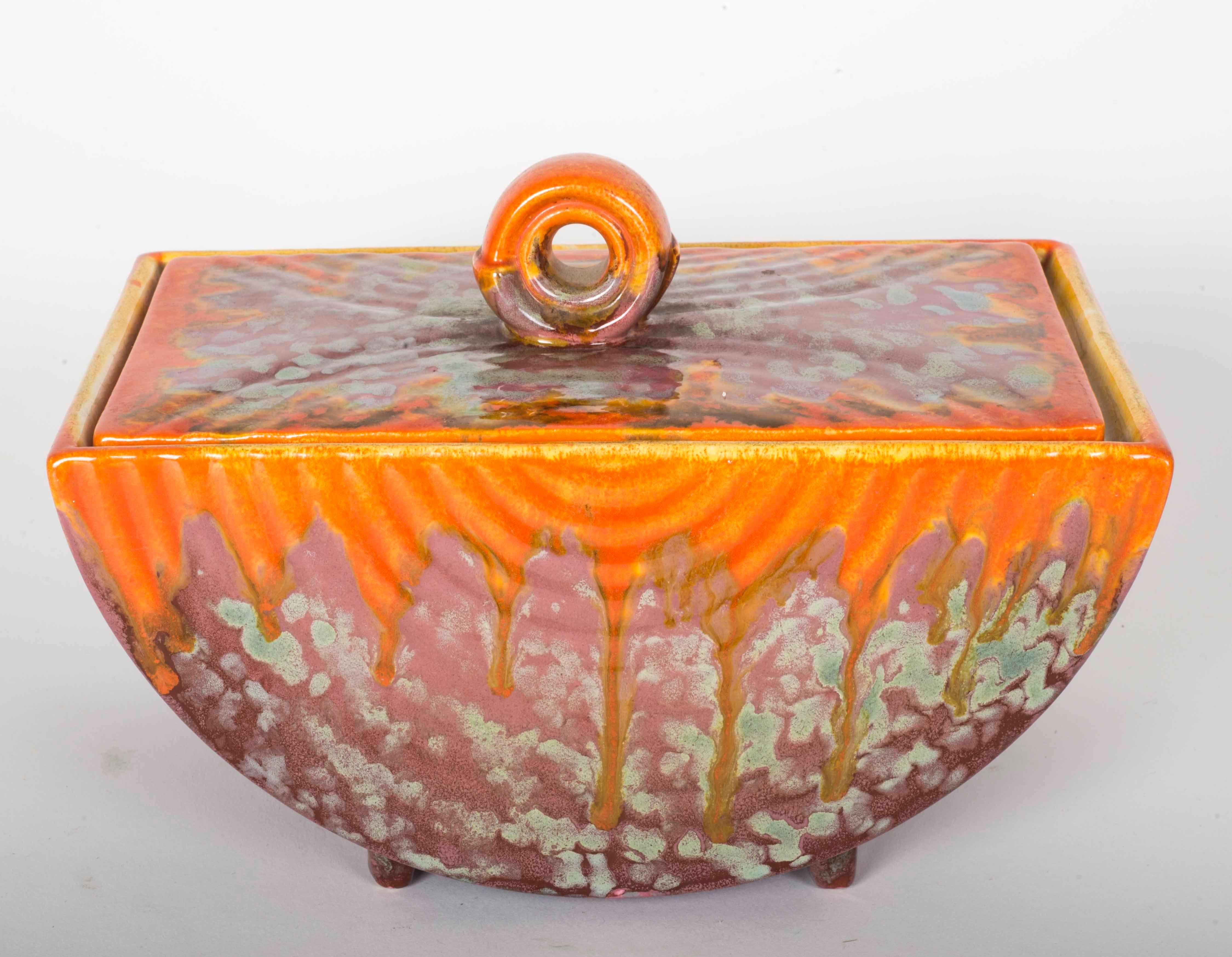 20th Century Colourful Orange and Purple Ceramic Portuguese Art Deco Container