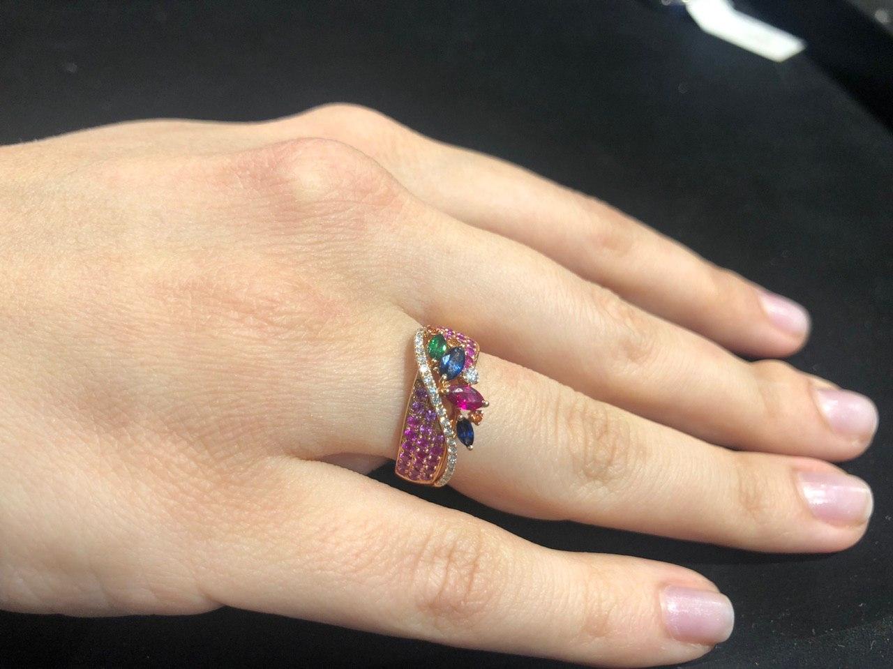 Round Cut Colorful Pink Sapphire Emerald Ruby Tsavorite Diamond Cocktail Rose Gold Ring