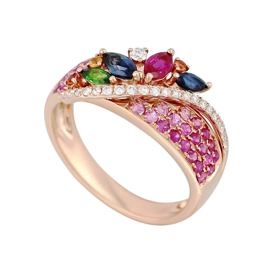 Colorful Pink Sapphire Emerald Ruby Tsavorite Diamond Cocktail Rose Gold Ring