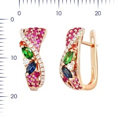 Colorful Pink Sapphire Emerald Ruby Tsavorite Diamond Rose Gold Drop Earrings