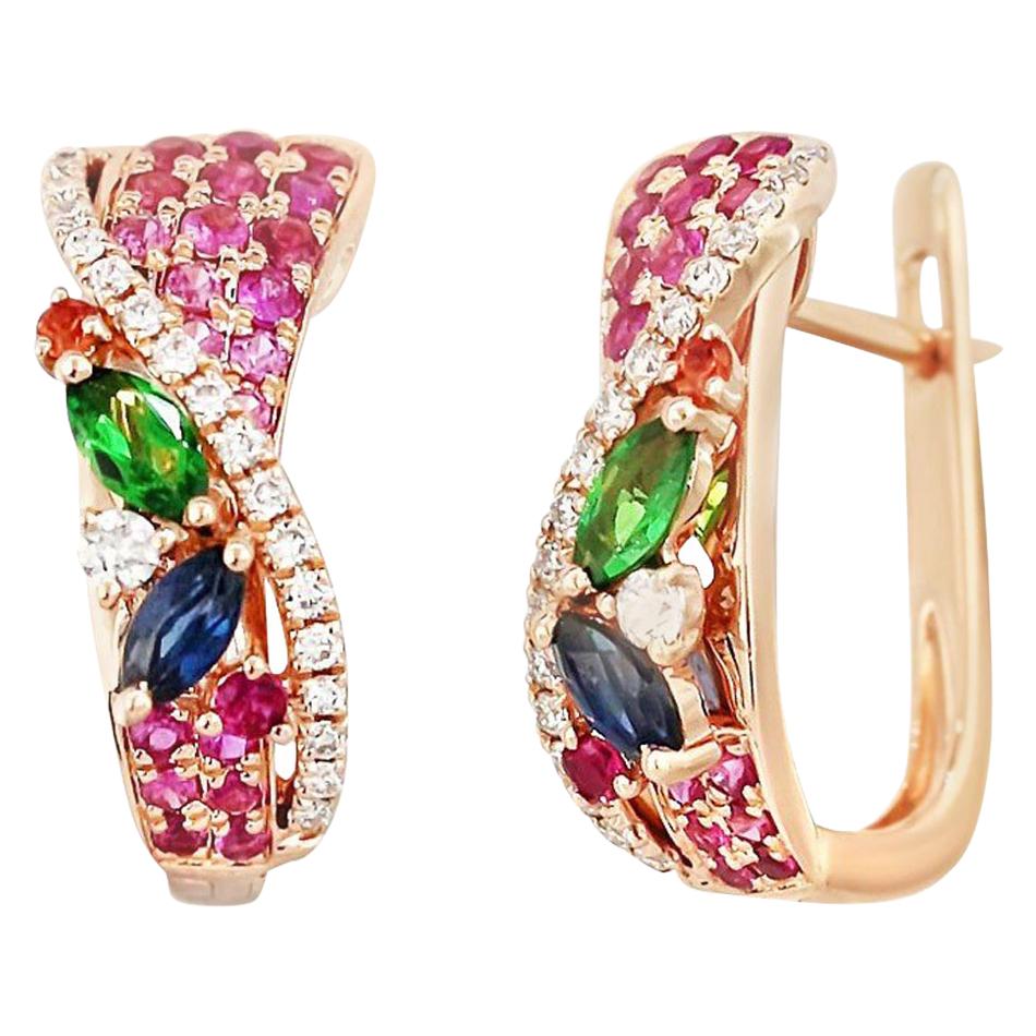 Colourful Pink Sapphire Emerald Ruby Tsavorite Diamond Rose Gold Drop Earrings