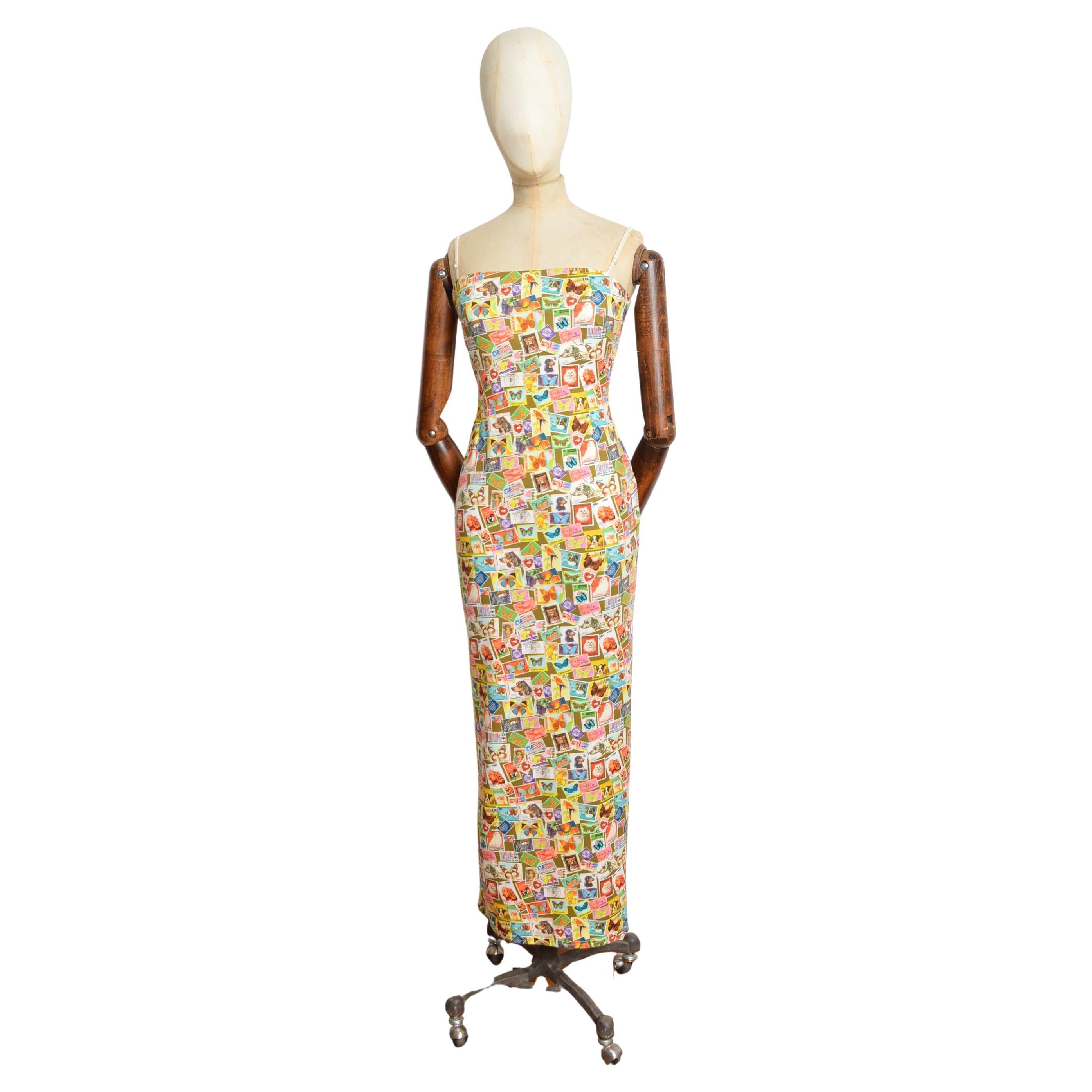 Colourful Postcard Stamp Print long fitted bustier Dress / Sample For Sale