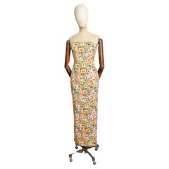 Colourful Postcard Stamp Print long fitted bustier Dress / Sample