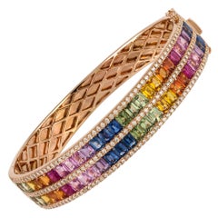 Vintage Colourful Precious Bangle Bracelet 18K Rose Gold Diamond Sapphires