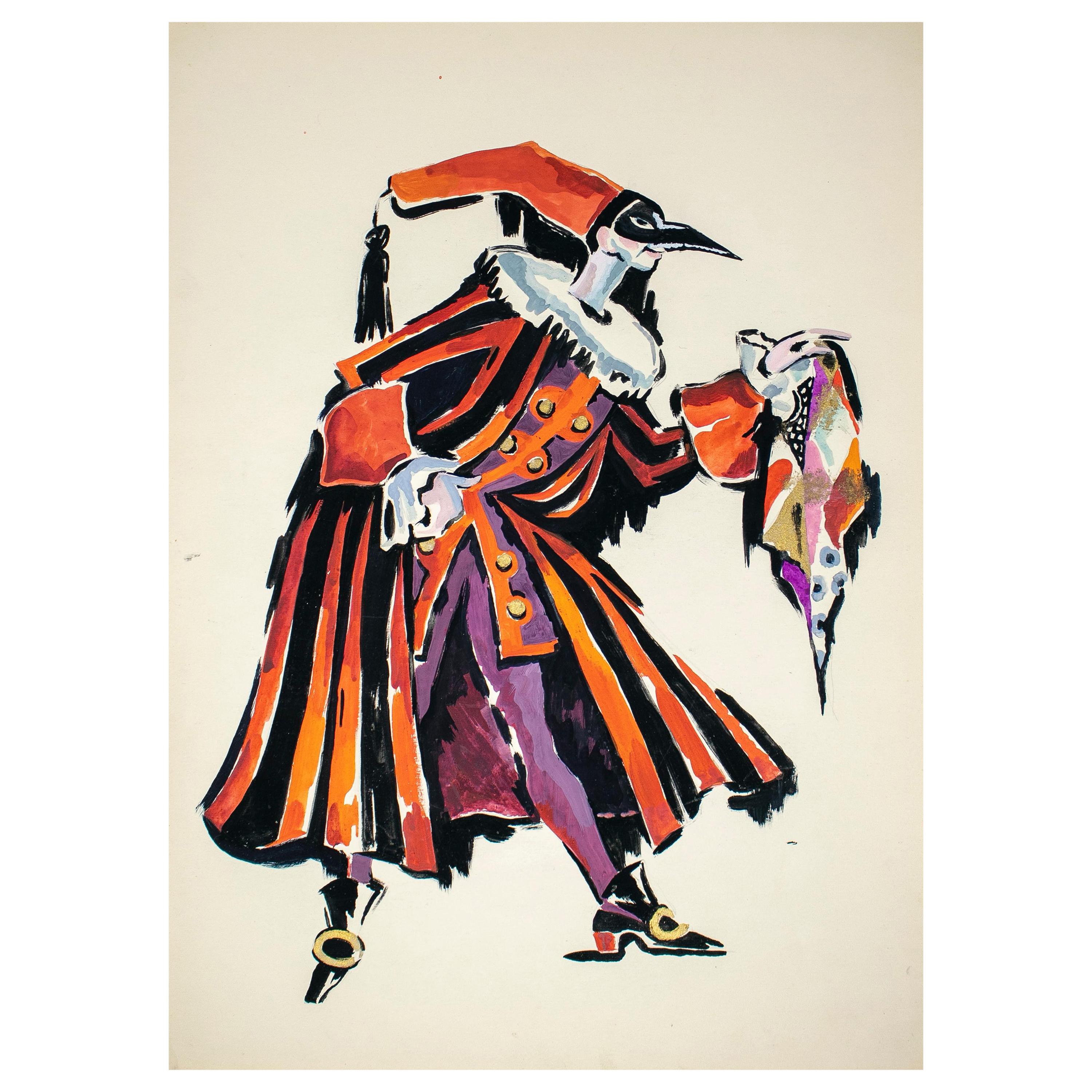 Colorful Russian Harlequin Watercolor, circa 1970 For Sale at 1stDibs