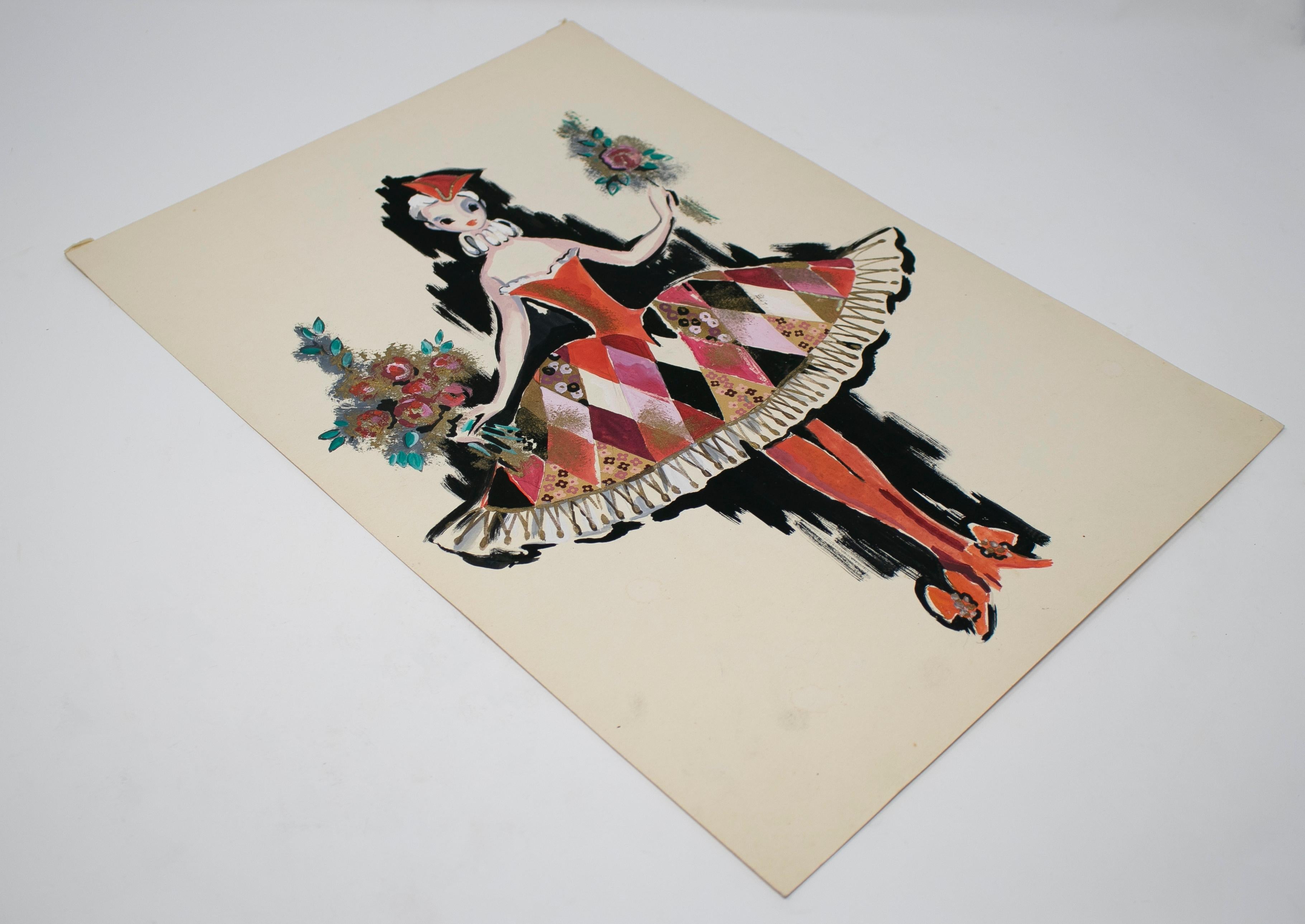 Hand-Painted Colorful Russian Harlequin Watercolor, circa 1970