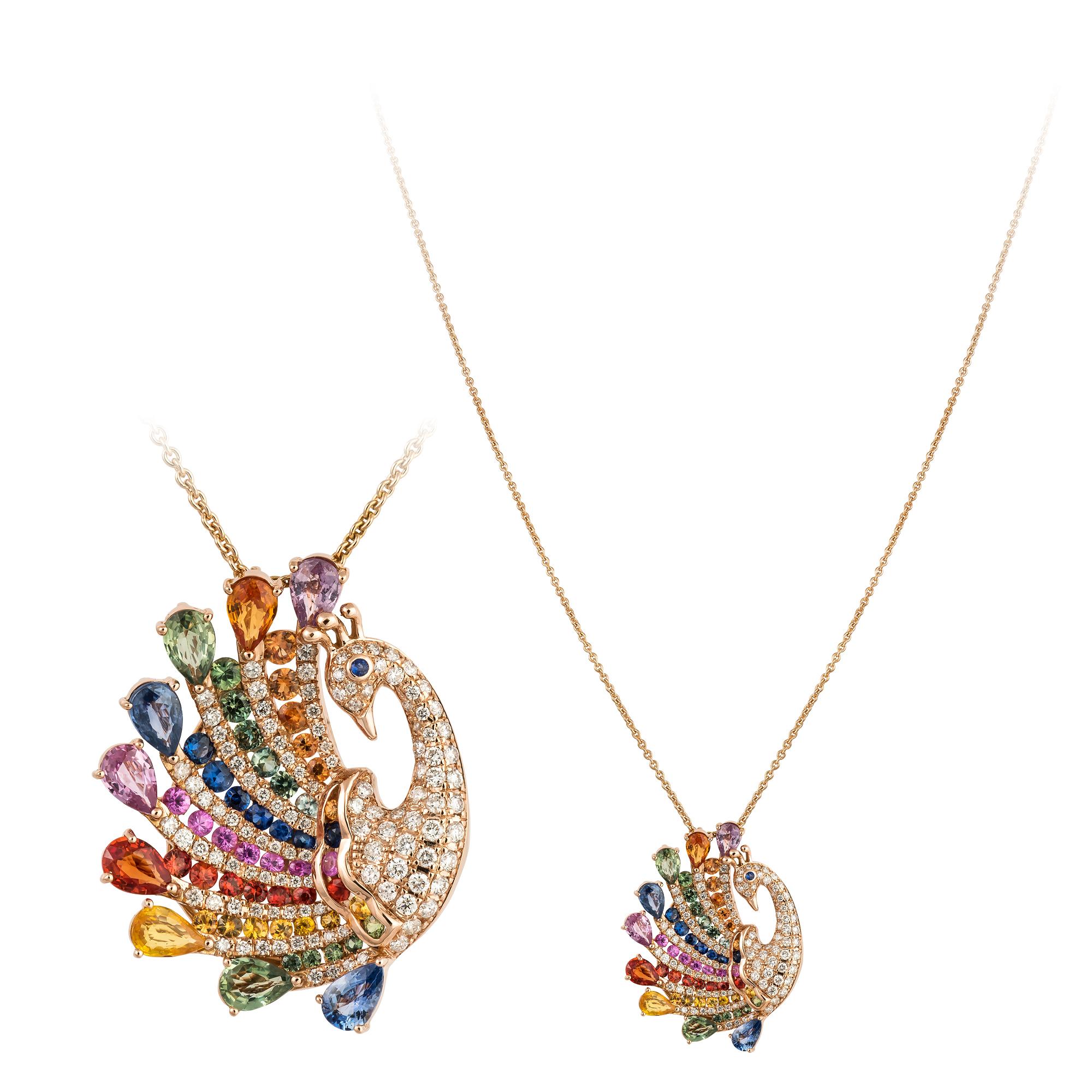 Colourful Sapphire 18k Diamond Rose Gold Rainbow Peacock Necklace for Her For Sale