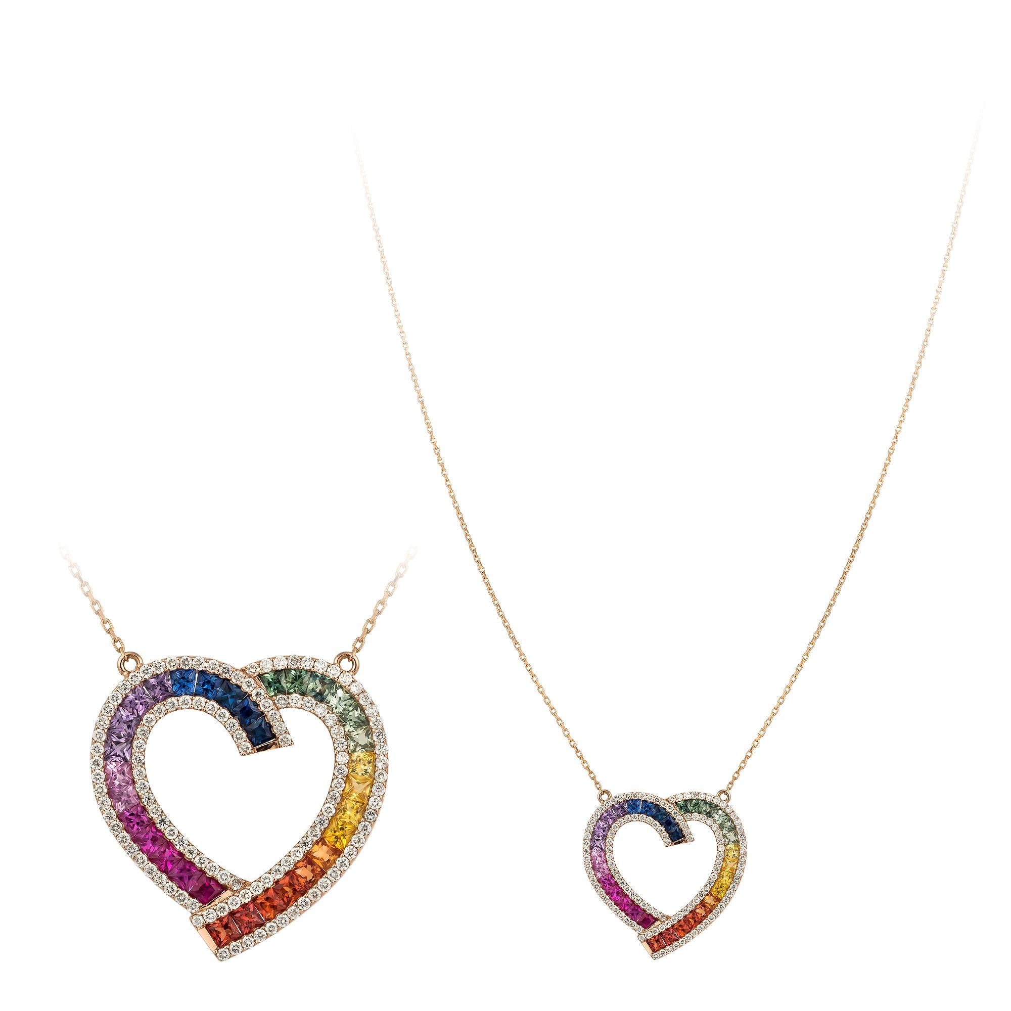 Collier arc-en-ciel en or rose avec saphirs colorés et cœurs de diamants