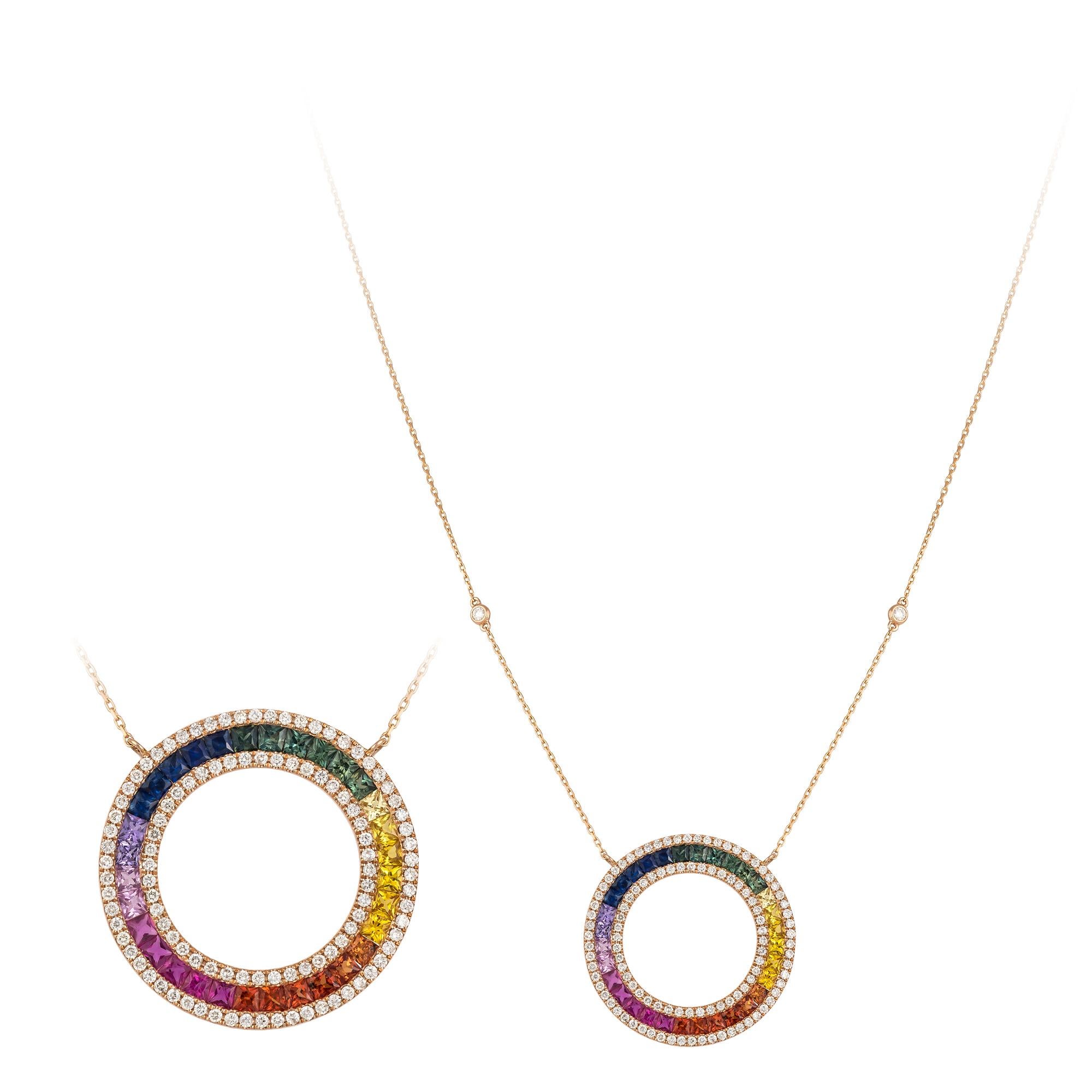 Colourful Sapphire Diamond Precious Rainbow Rose Gold Circle Necklace for Her For Sale
