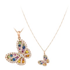 Collier papillon arc-en-ciel précieux en or rose avec saphirs colorés et diamants, pour elle