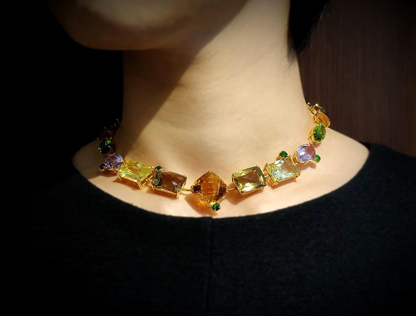 Contemporary Colourful Semi-Precious Stone Necklace 18K Yellow Gold Champagne Diamond Clasp For Sale