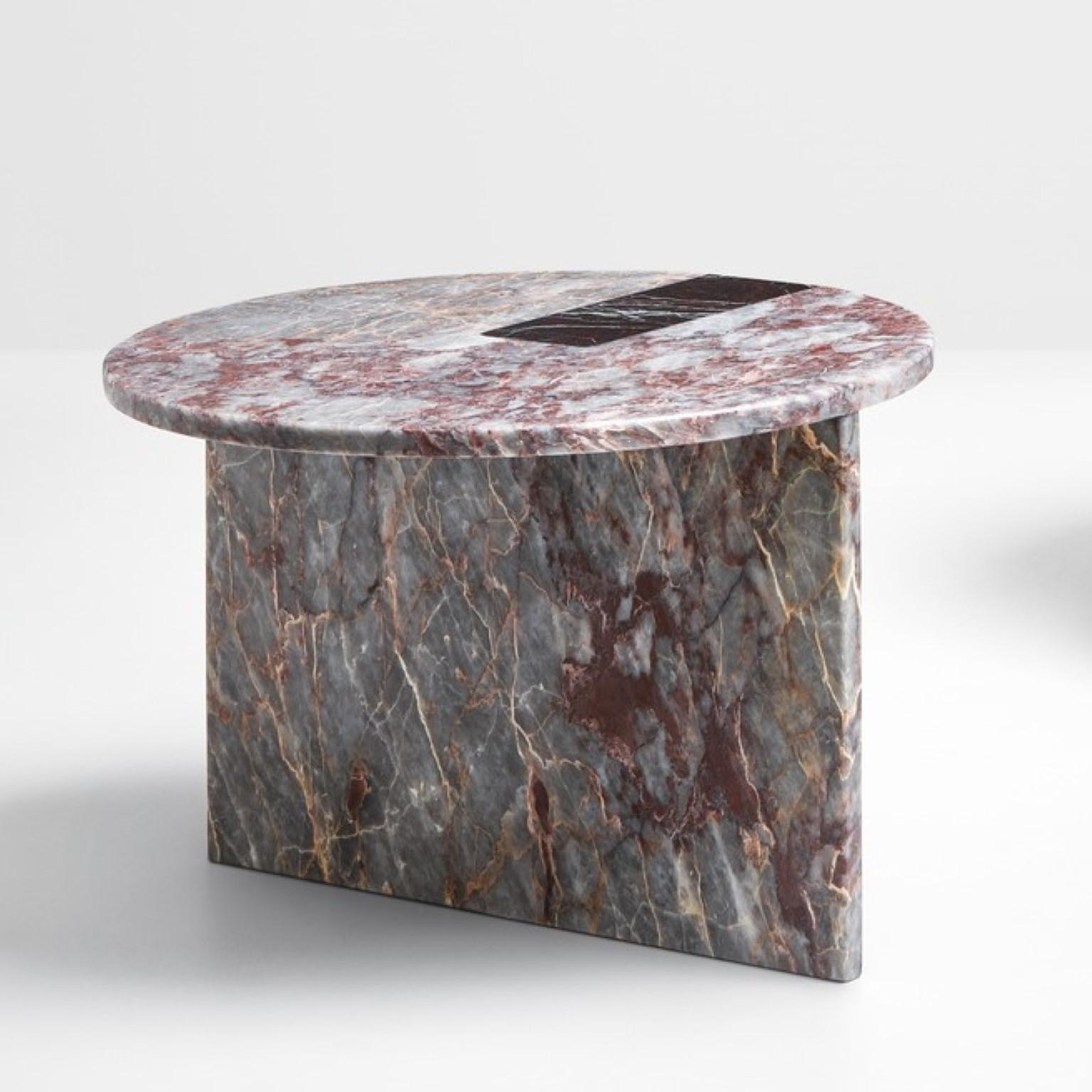 Colouring onyx table by OS and OOS
Dimensions: ø 55 x 40 cm
Materials: Rosso levante and salomé / carrara and concrete / red mdf and rosso verona
The table might be slightly different from the images as each table is unique and depends on the