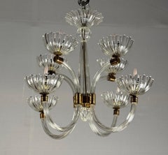 Colourless Murano Glass And Brass Venetian Chandelier About 1950