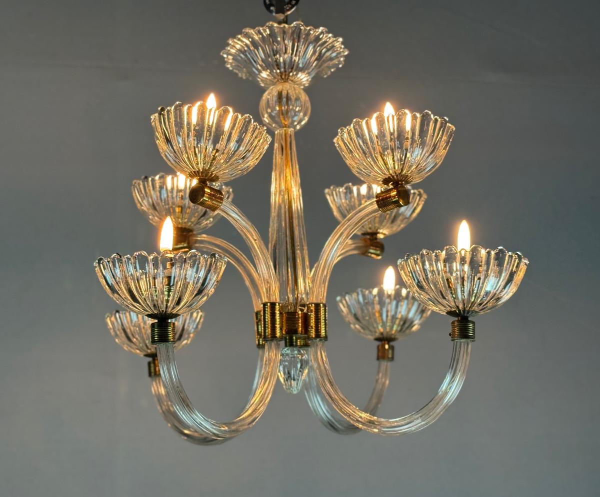 XX secolo Lampadario veneziano in vetro di Murano e ottone incolore del 1950 circa in vendita