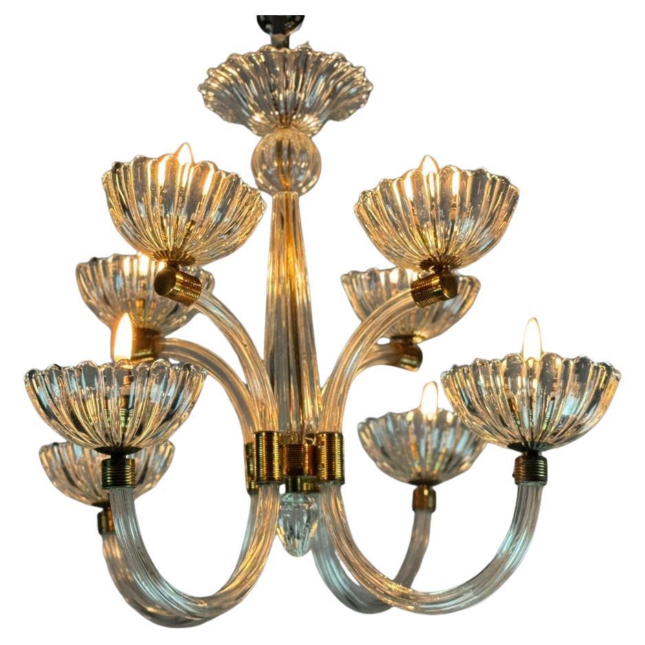 Colourless Murano Glass And Brass Venetian Chandelier About 1950