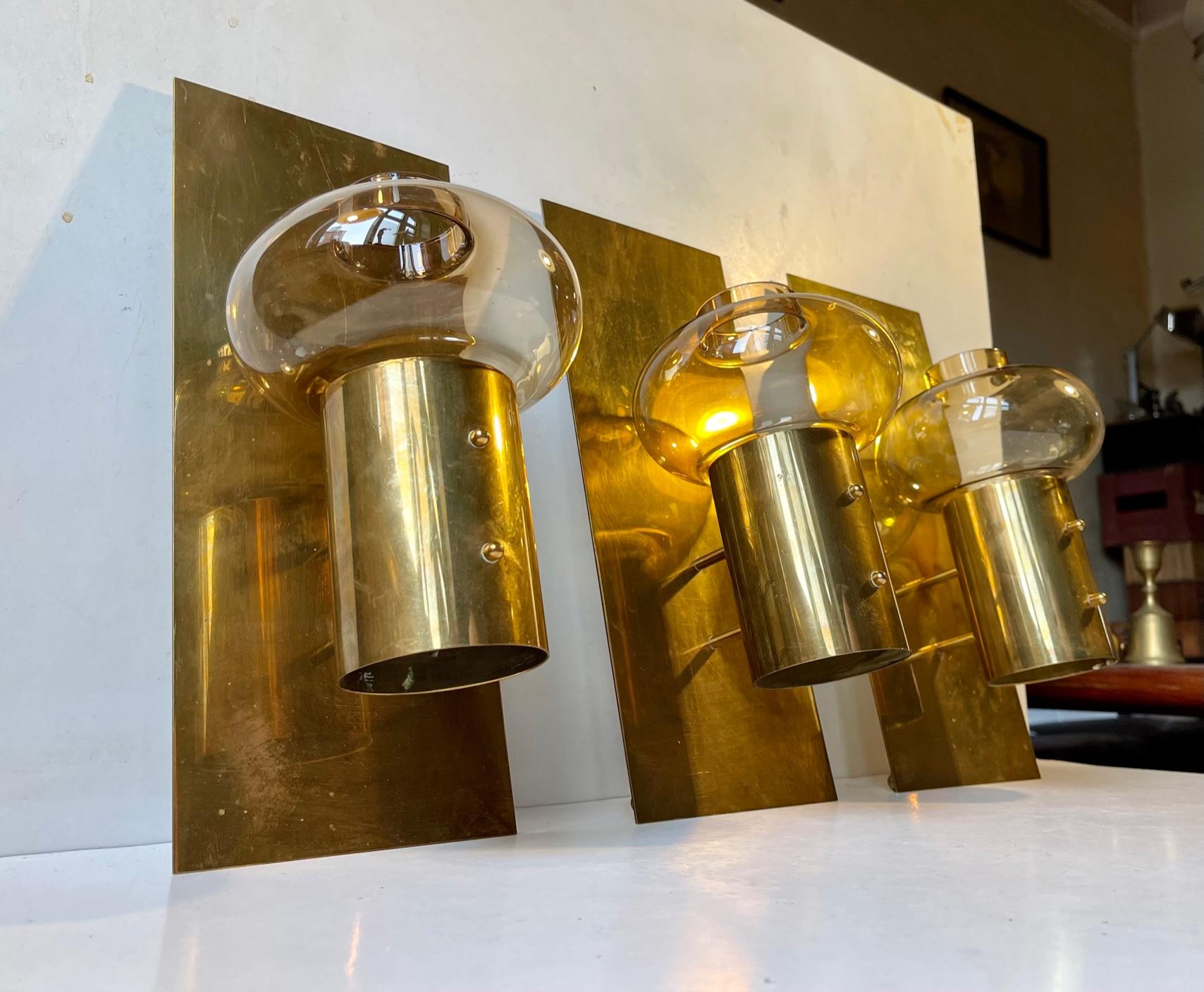 Mid-Century Modern Colseth Norway Midcentury Wall Candleholders in Brass & Smoke Glass