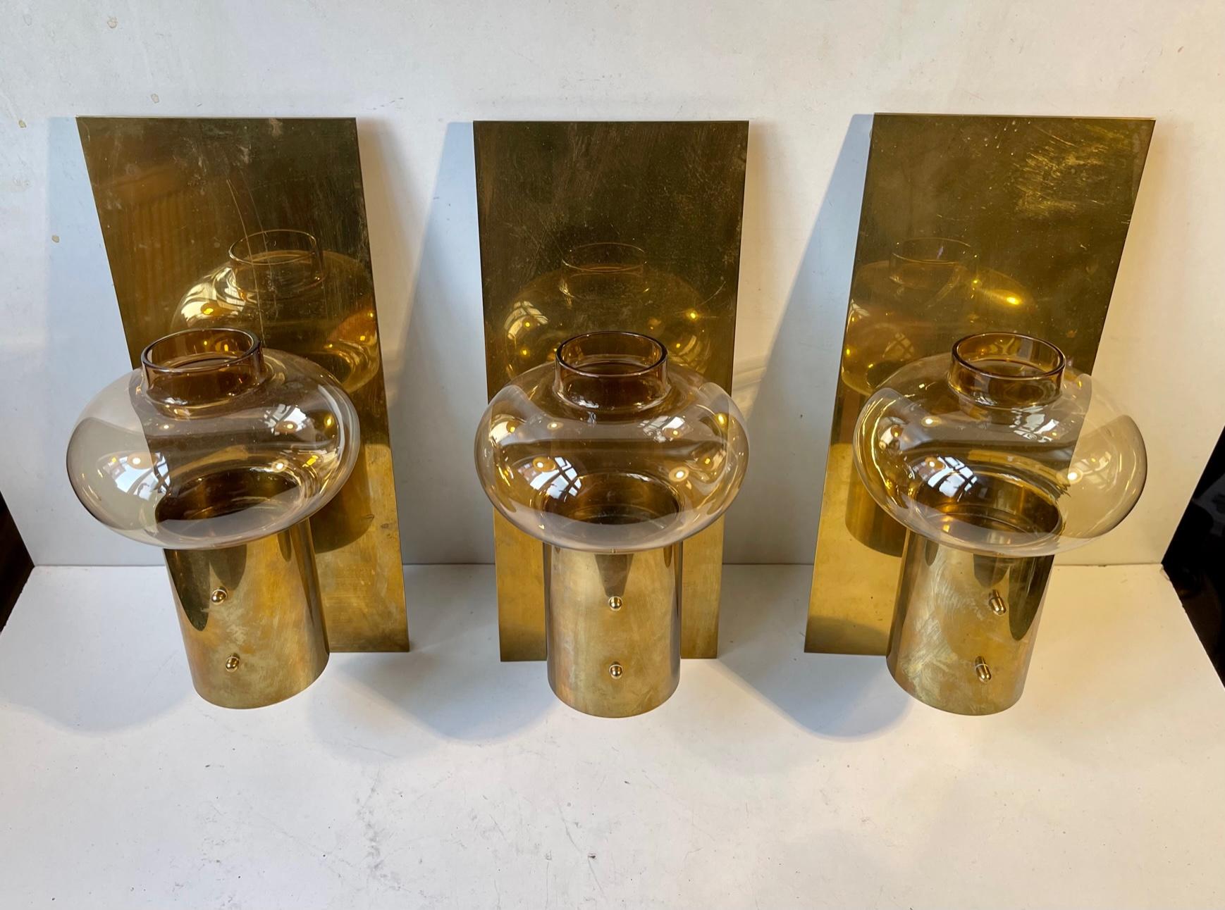 Norwegian Colseth Norway Midcentury Wall Candleholders in Brass & Smoke Glass