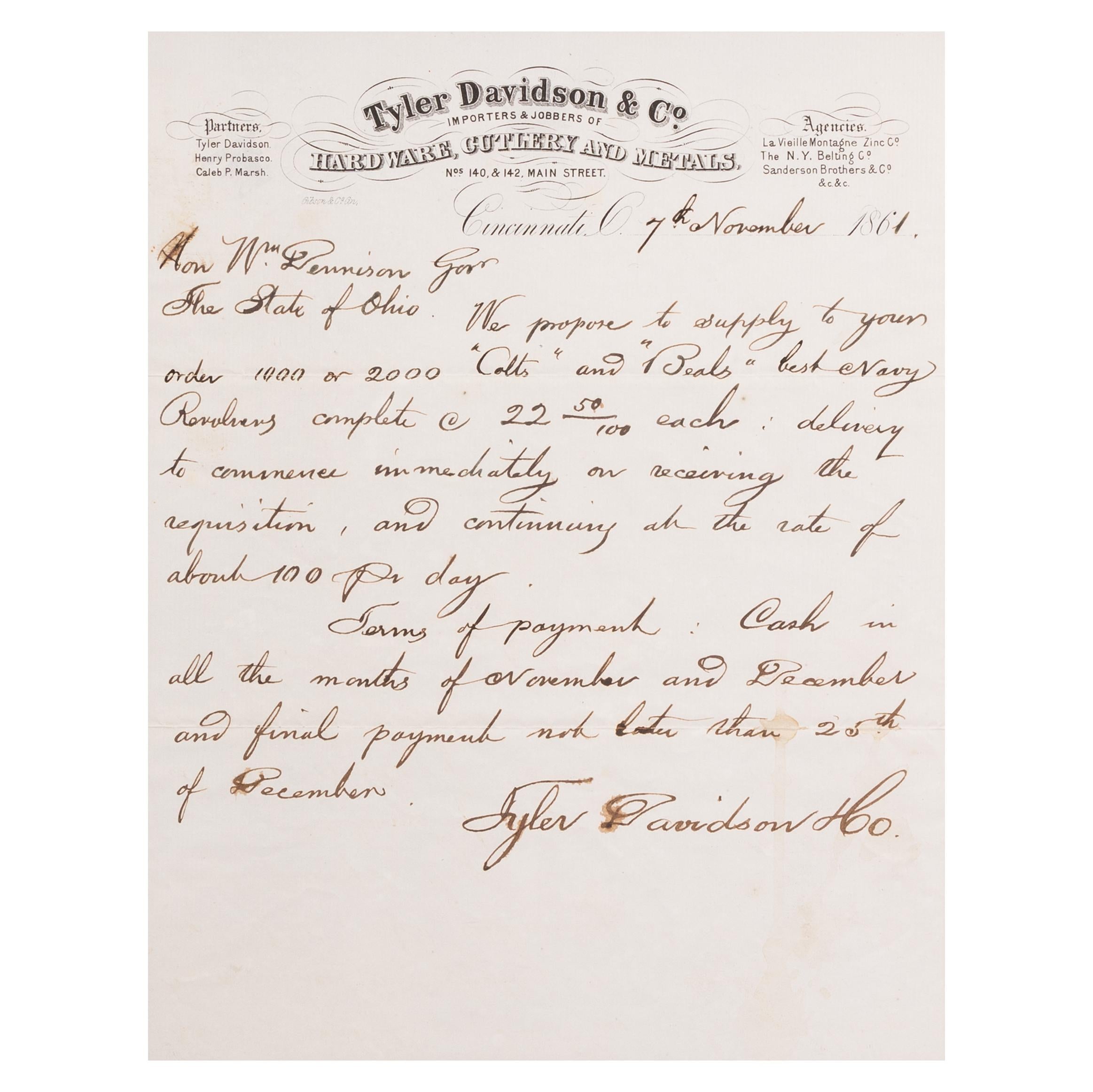 American Colt Distributors Quill Letter to Governor Beginning of Civil War, 1861 For Sale