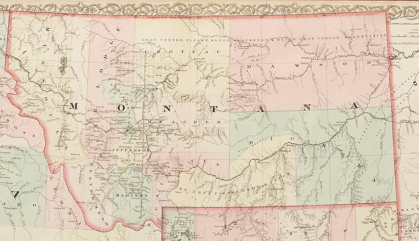 This is a remarkable large format map of the Territories of Montana, Wyoming, and Idaho, from a scarce late edition of Colton's Atlas. Published in 1876, the map shows these western states at their early stages of settlement, before any of them had