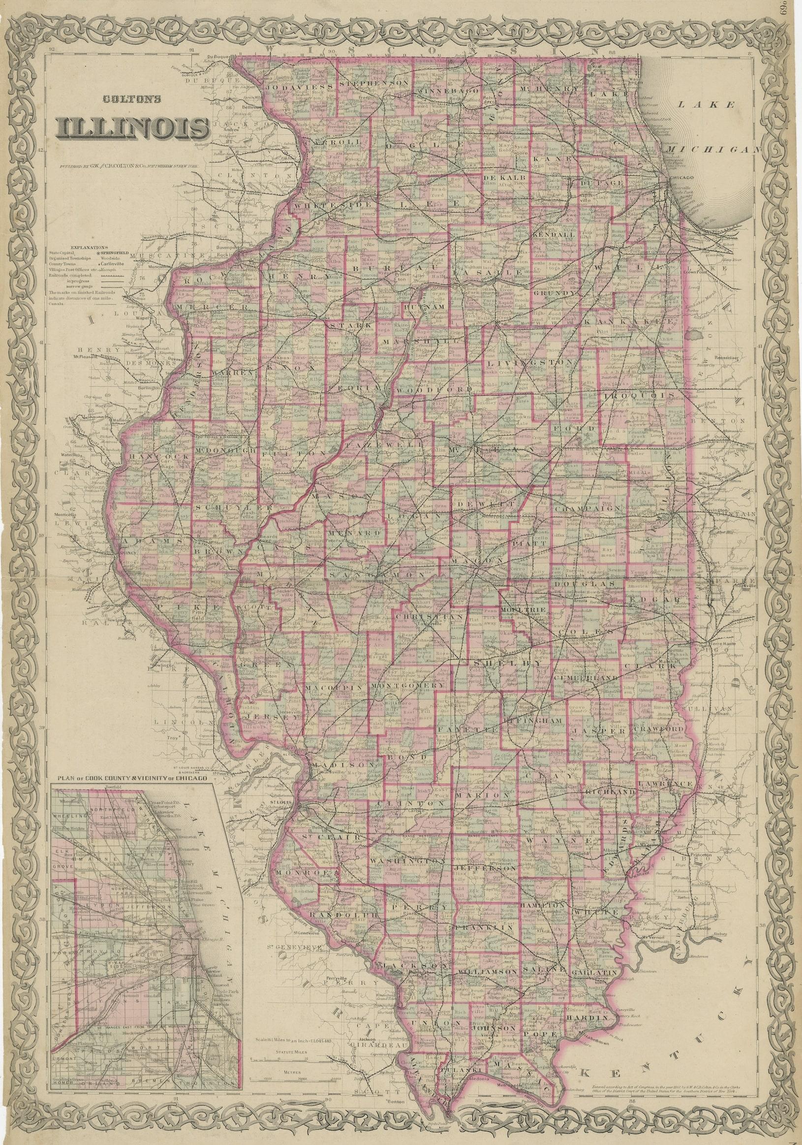 Antique map titled 'Colton's Illinois'. Antique map of Illinois, a state in the Midwestern United States. With an inset map of of Cook County & Vicinity of Chicago. Published 1867. 

Joseph Hutchins Colton (July 5, 1800 – July 29, 1893), known