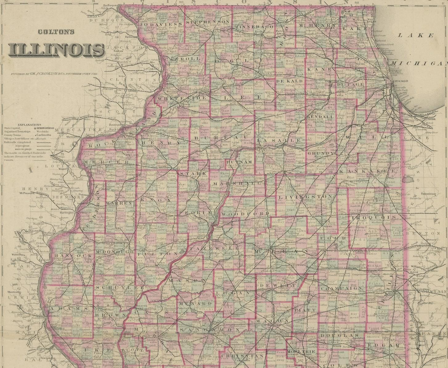 Colton''s Karte von Illinois, mit einem Ausschnitt aus Chicago im Zustand „Relativ gut“ im Angebot in Langweer, NL