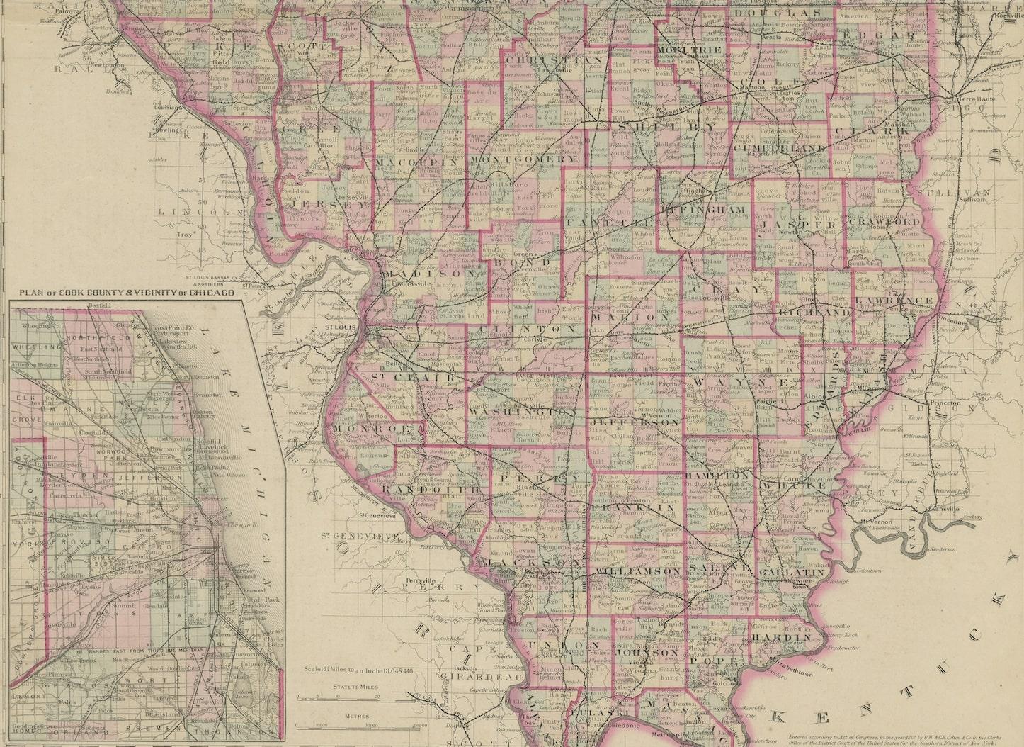 19th Century Colton's Map of Illinois, with an Inset of Chicago For Sale