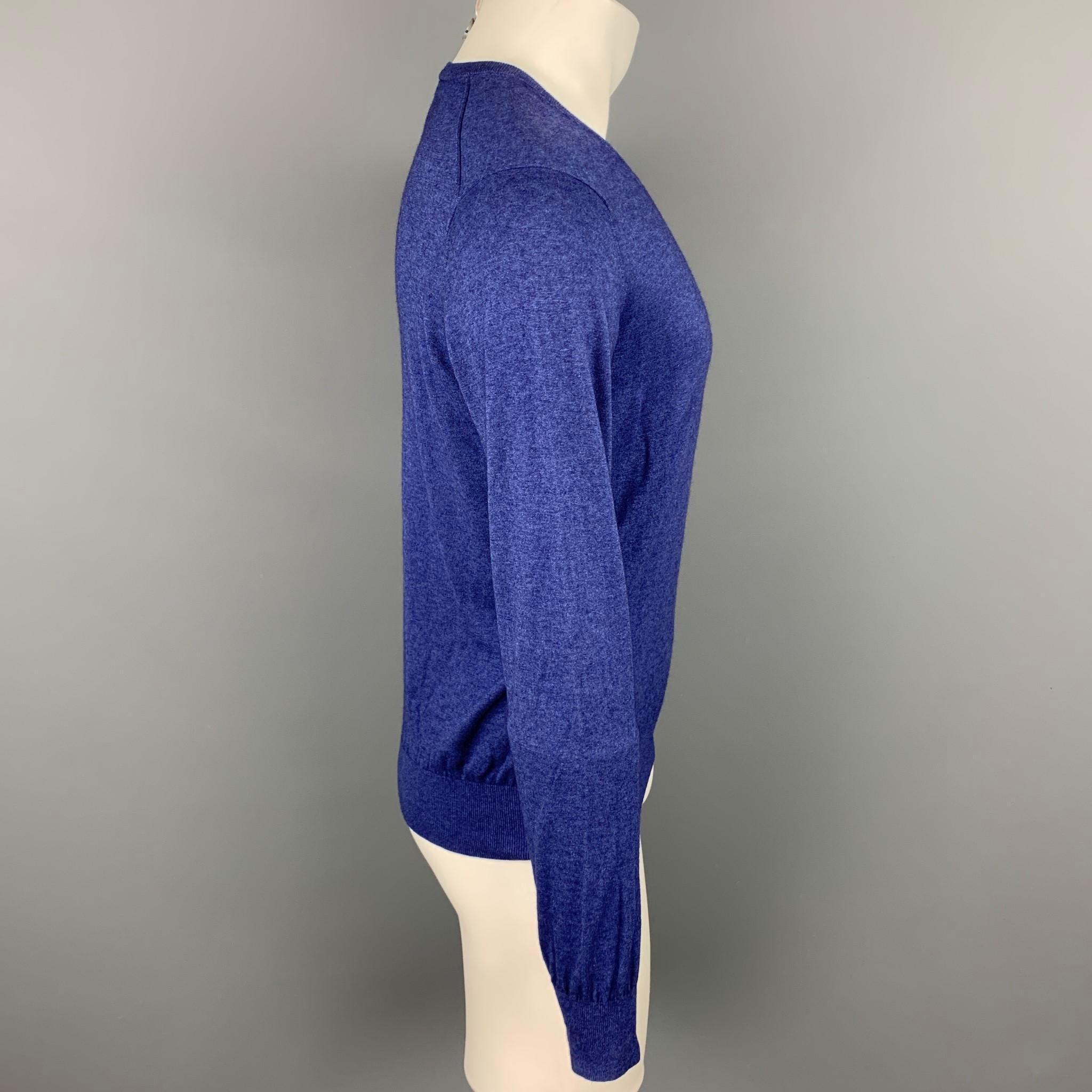 COLTORTI pullover comes in a blue silk / cashmere featuring a ribbed hem and a v-neck. 

Very Good Pre-Owned Condition.
Marked: 50

Measurements:

Shoulder: 18 in.
Chest: 40 in.
Sleeve: 26 in.
Length: 24.5 in.