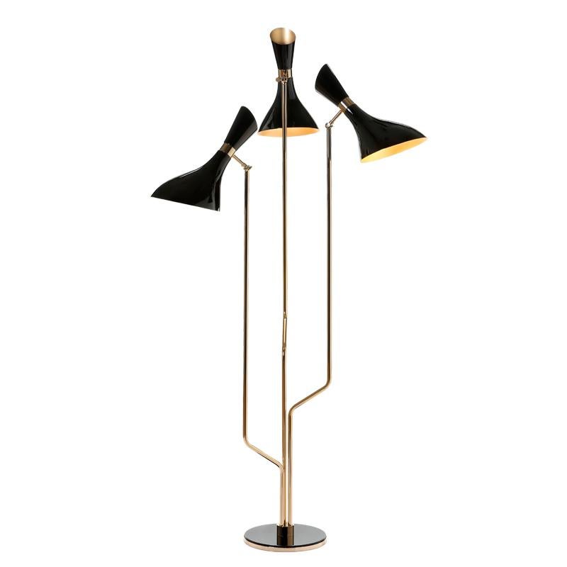 Coltrane Floor Lamp in Solid Brass and Black Lacquered For Sale