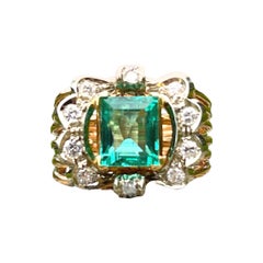 Vintage Columbia Emerald and Diamond 18k Yellow Gold Cluster Ring