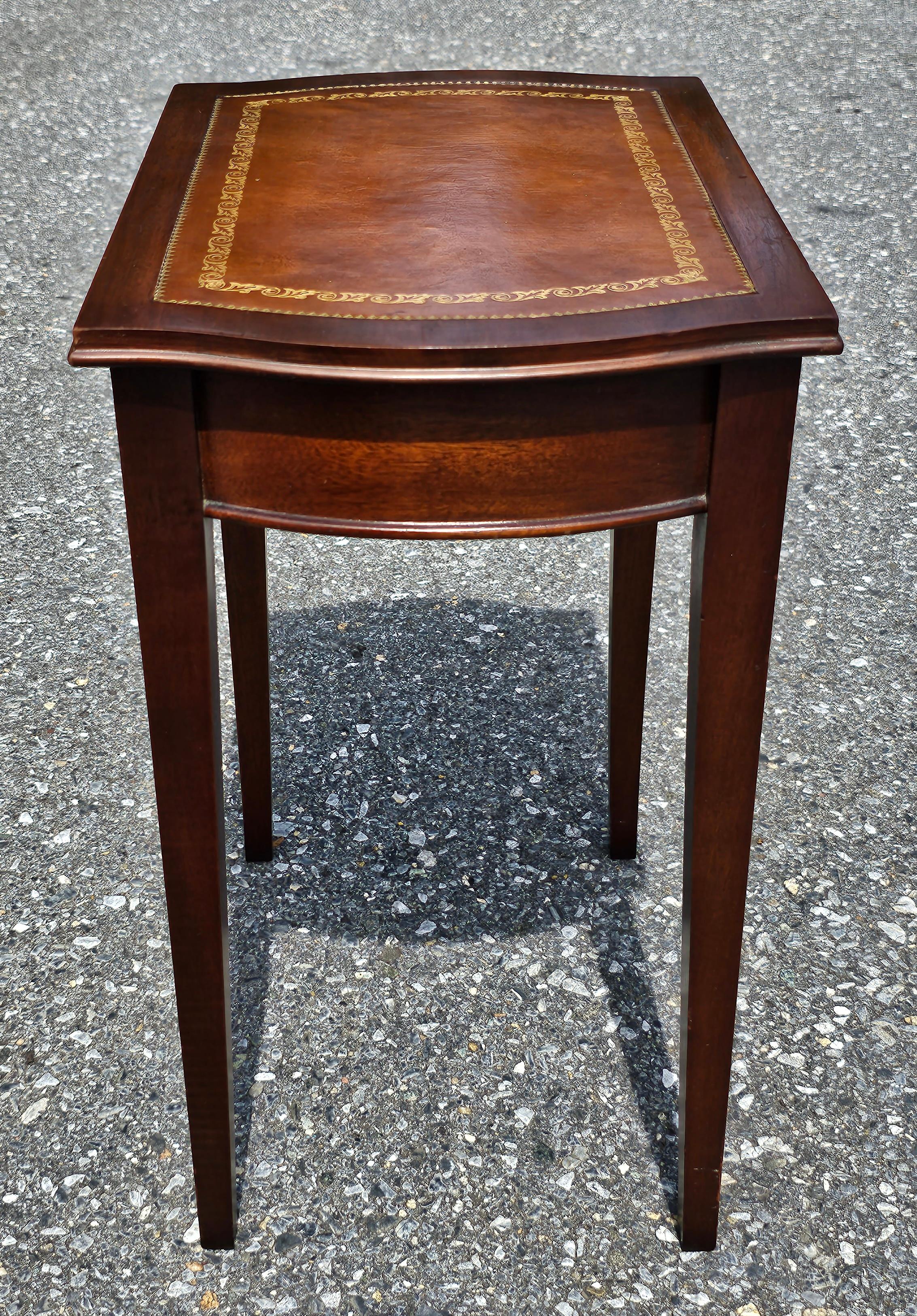 Hollywood Regency Columbia Manufacturing Inlay Genuine Mahogany and Tooled Leather Candle Stand  For Sale