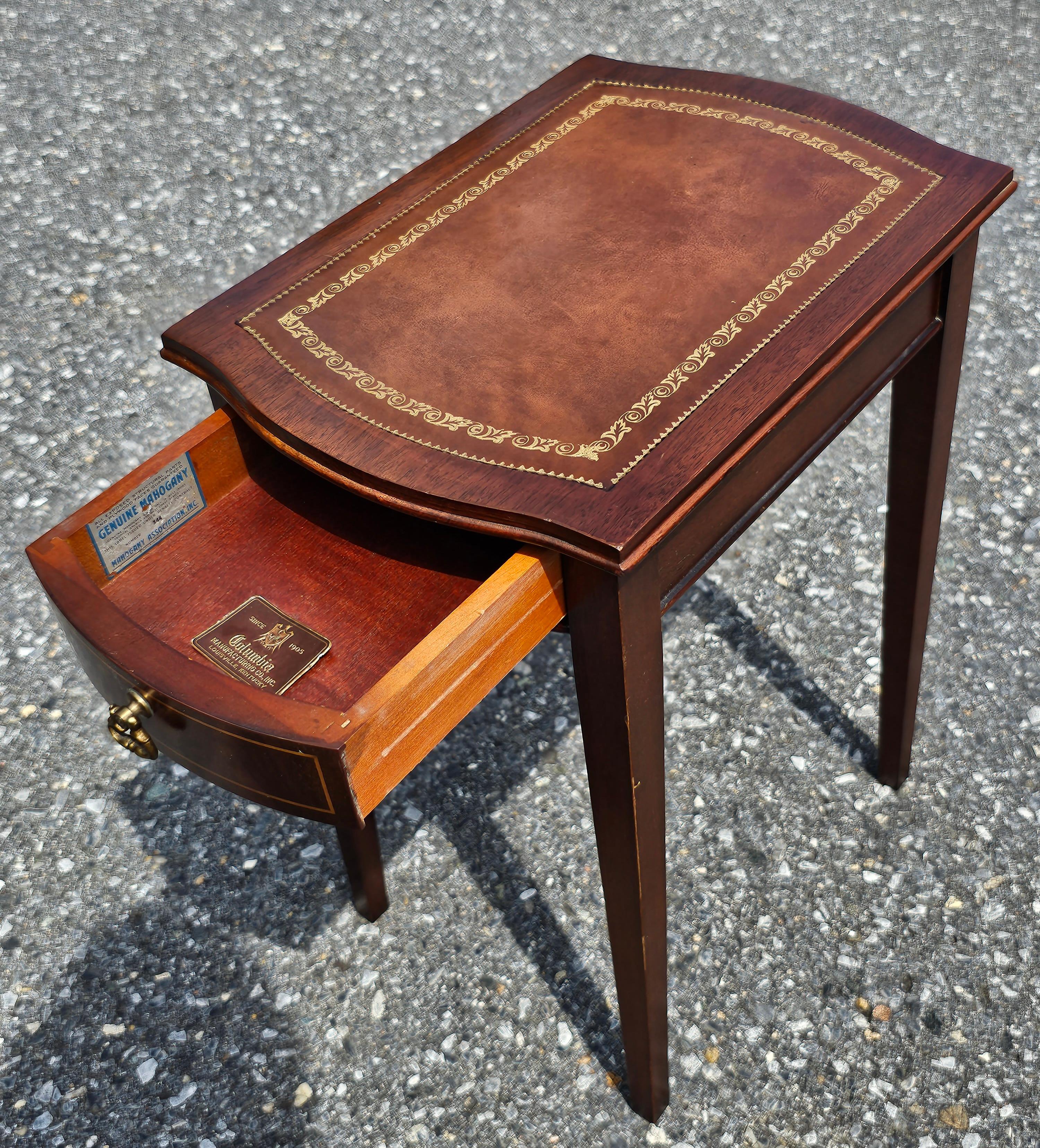 Columbia Manufacturing Inlay Genuine Mahogany and Tooled Leather Candle Stand  In Good Condition For Sale In Germantown, MD