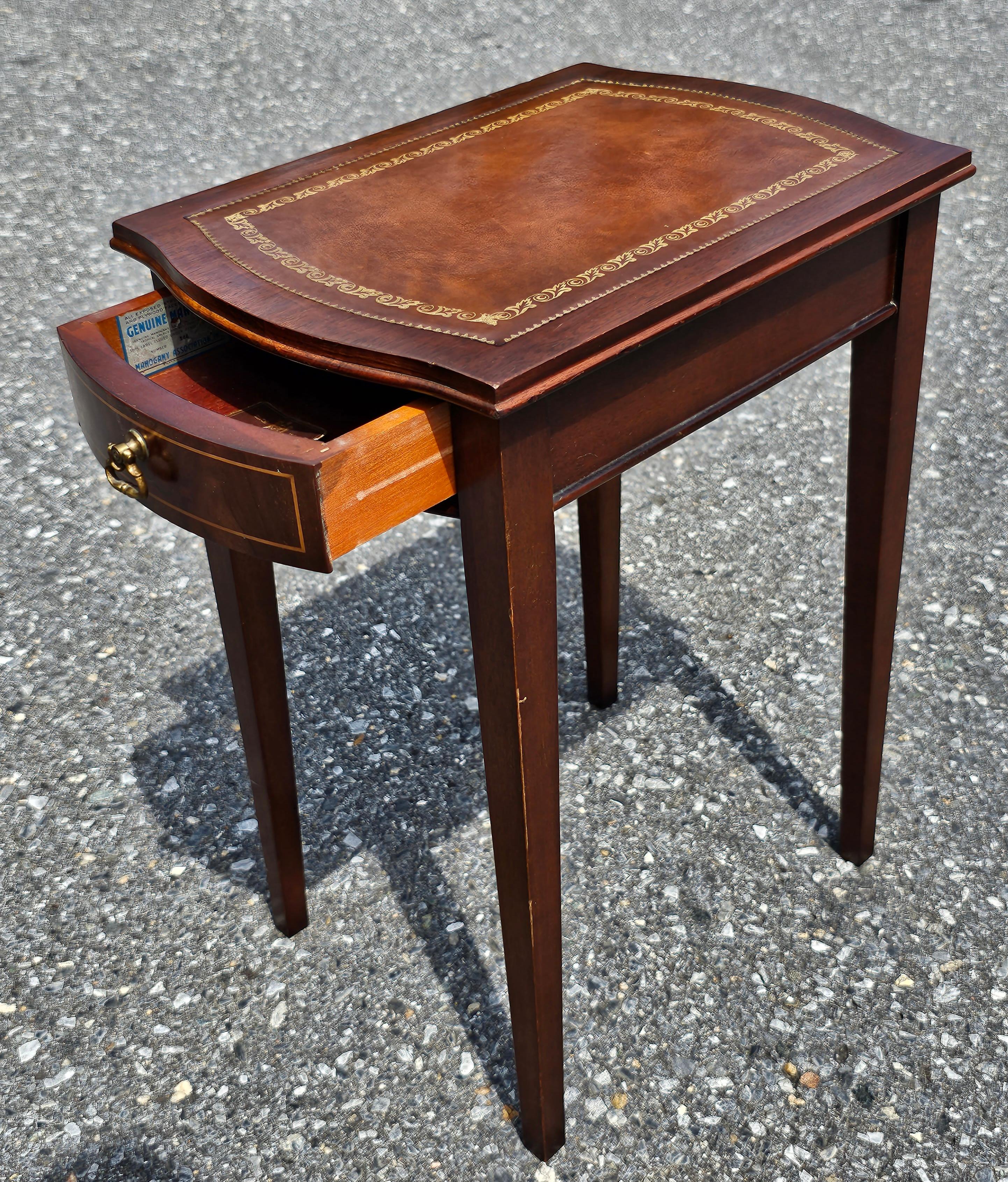 20th Century Columbia Manufacturing Inlay Genuine Mahogany and Tooled Leather Candle Stand  For Sale