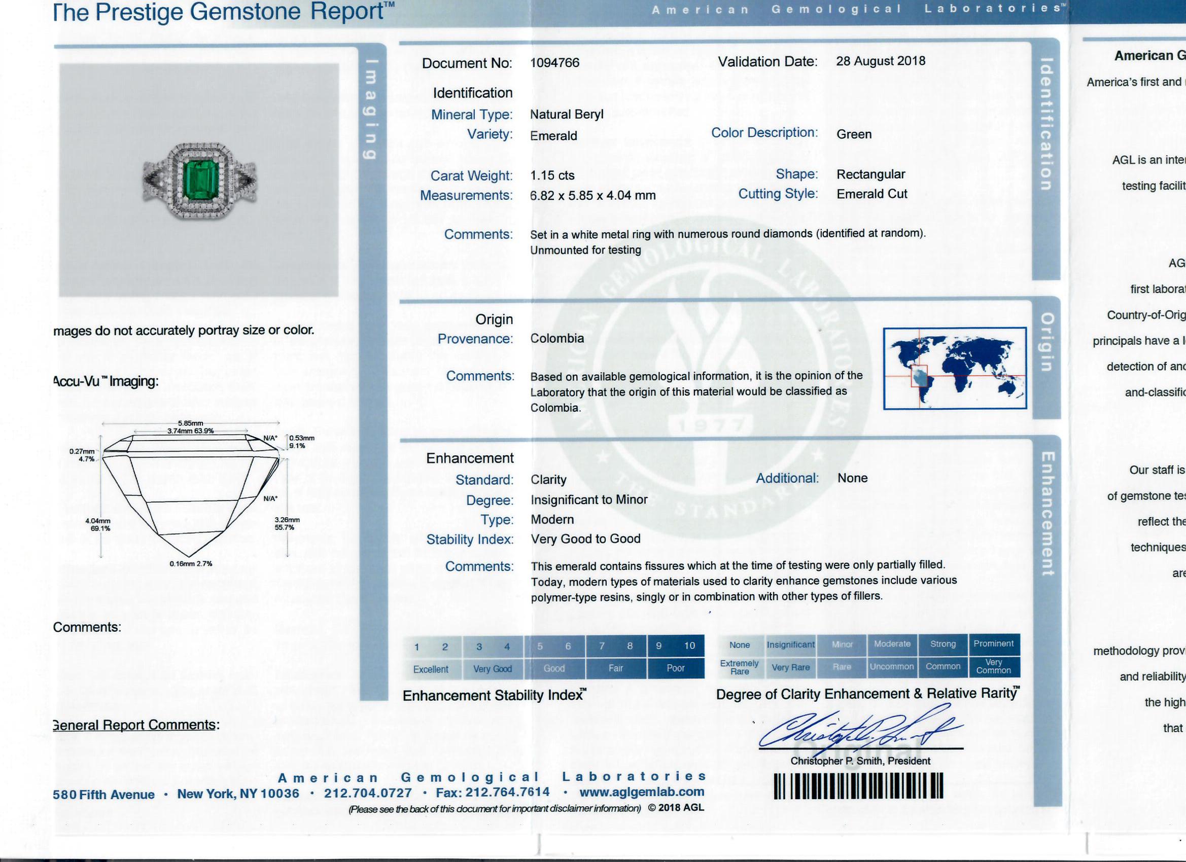 Columbia Natural Beryl Emerald  Insignificant Oil White Gold Diamond Ring 1.15ct For Sale 4